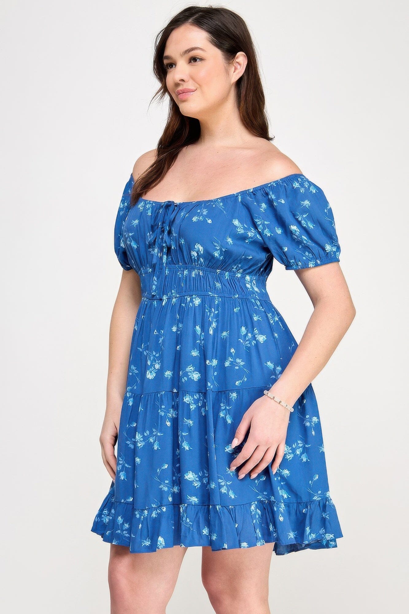 Plus Size Floral Front-tie Elastic Waist Ruffle Dress Dresses jehouze