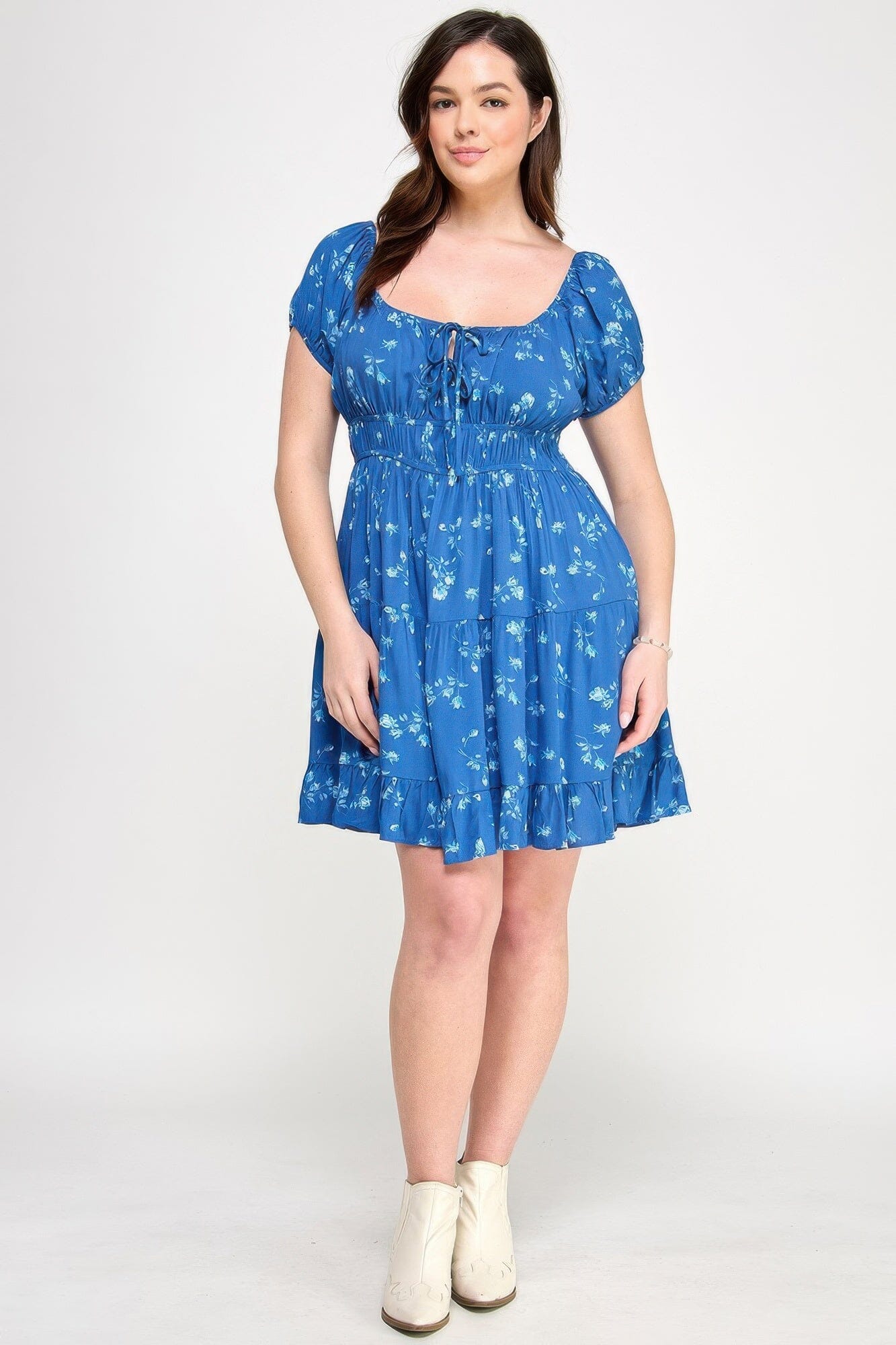 Plus Size Floral Front-tie Elastic Waist Ruffle Dress Dresses jehouze