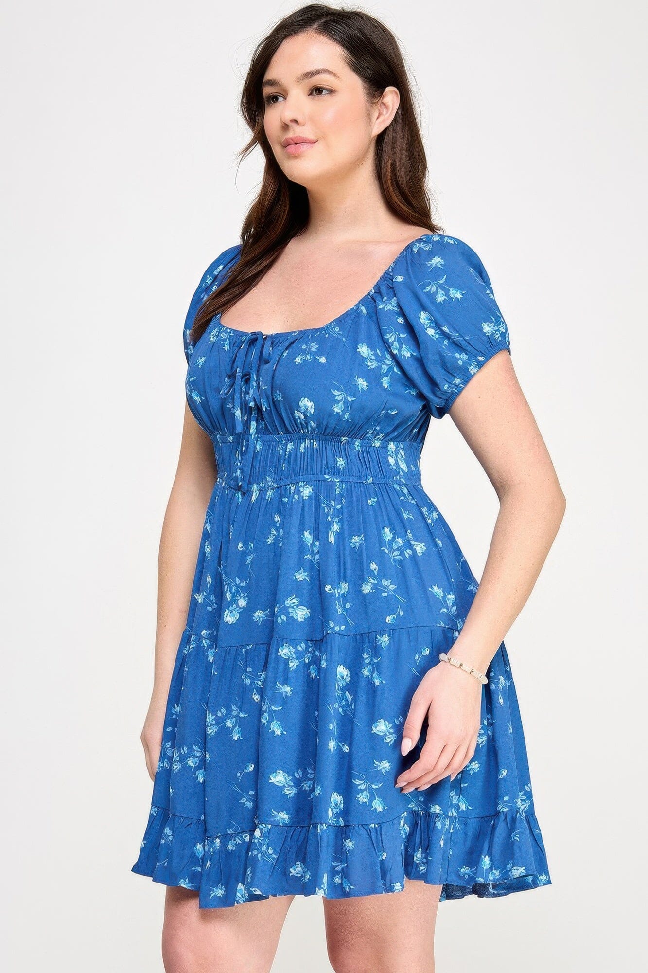 Plus Size Floral Front-tie Elastic Waist Ruffle Dress Dresses jehouze