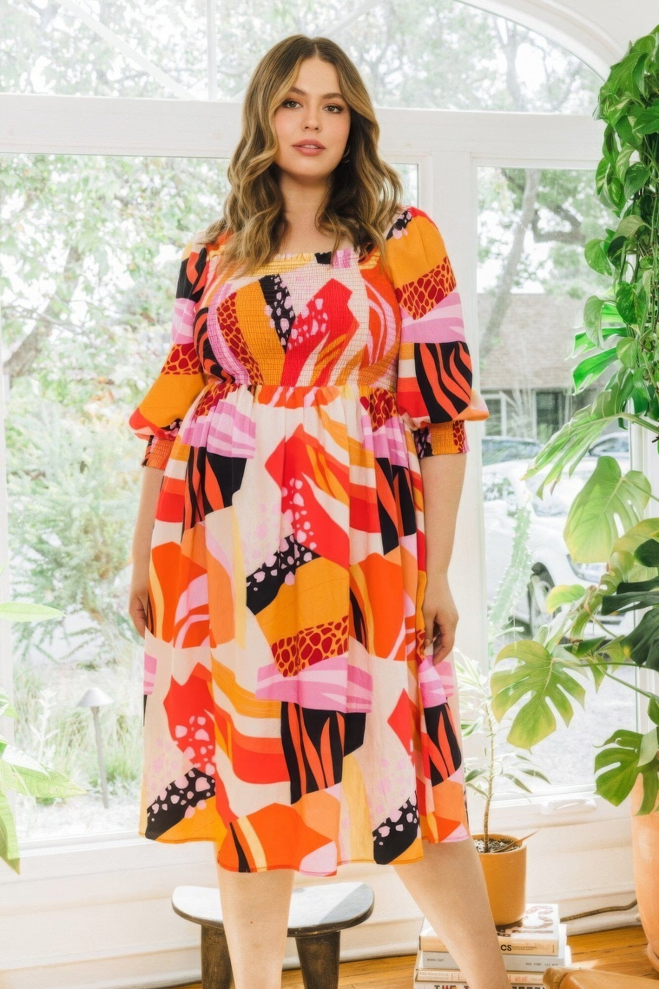 Plus Size Floral Print Square Neckline Midi Dress Dresses jehouze 1XL