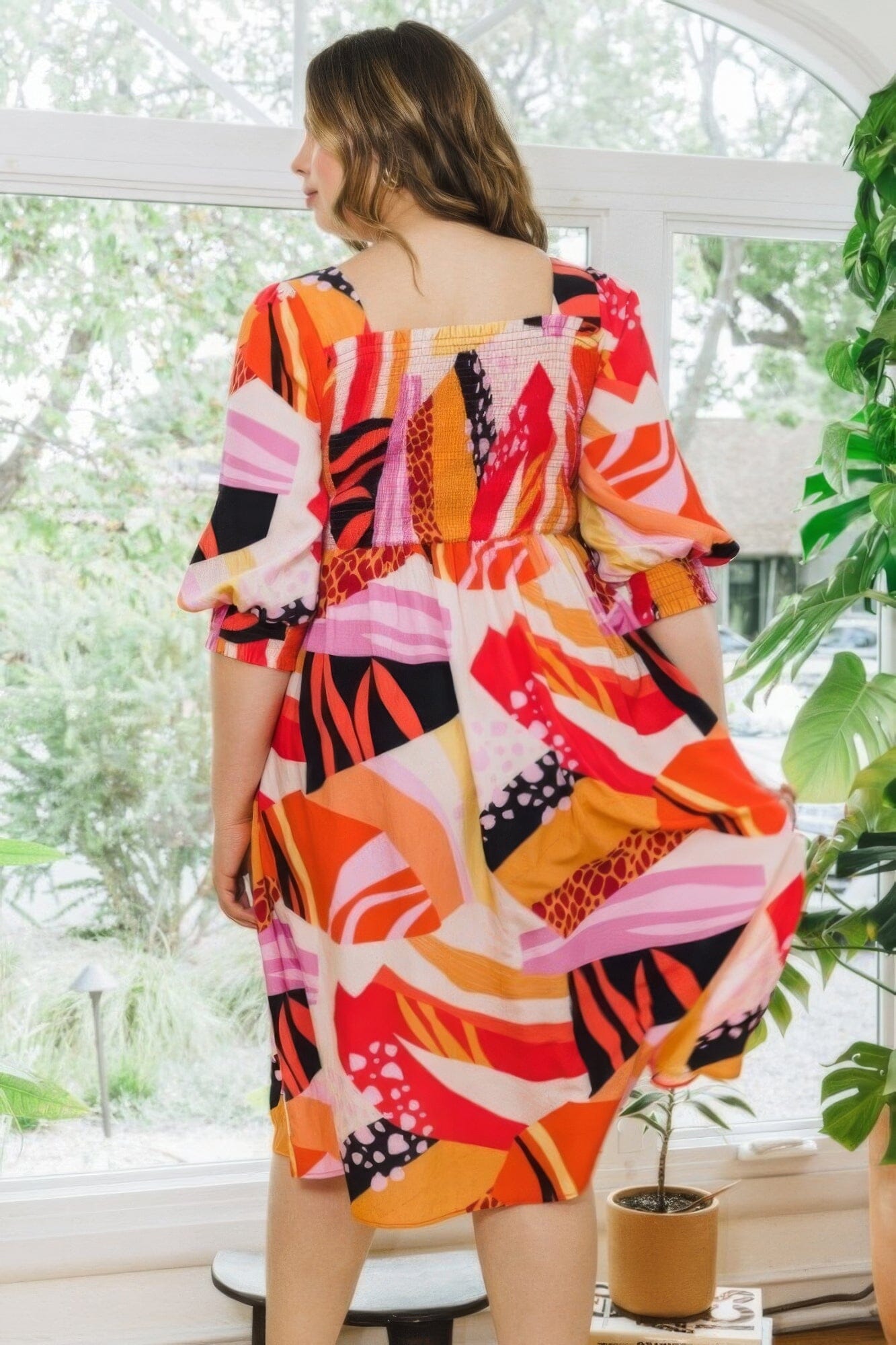 Plus Size Floral Print Square Neckline Midi Dress Dresses jehouze
