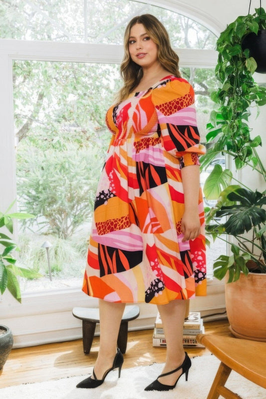 Plus Size Floral Print Square Neckline Midi Dress Dresses jehouze