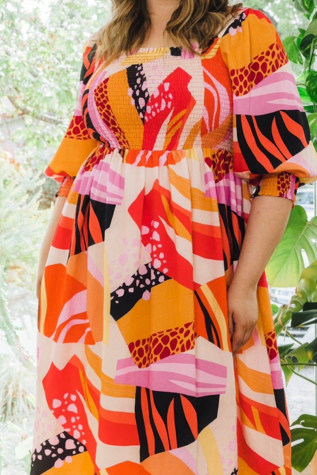 Plus Size Floral Print Square Neckline Midi Dress Dresses jehouze
