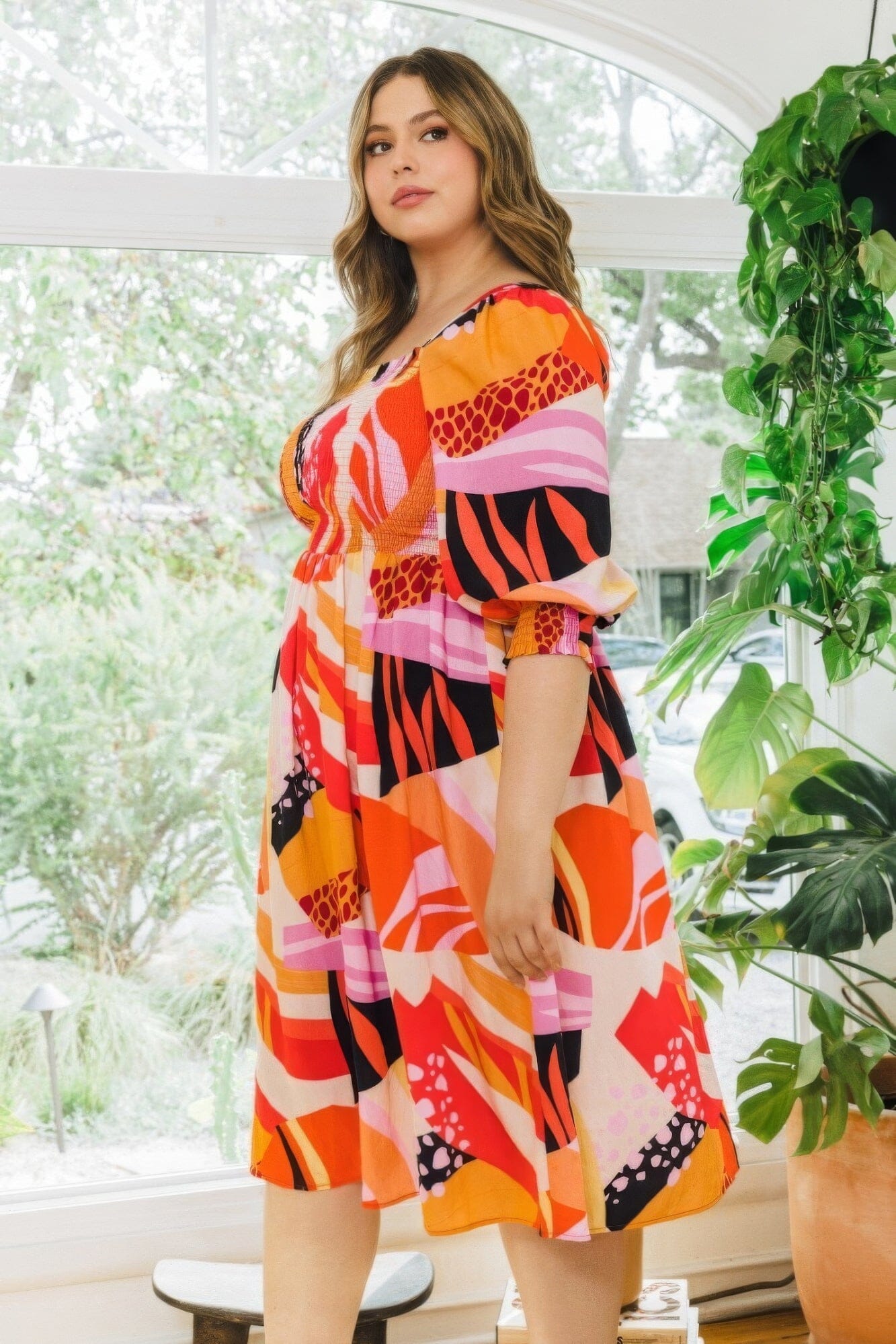 Plus Size Floral Print Square Neckline Midi Dress Dresses jehouze