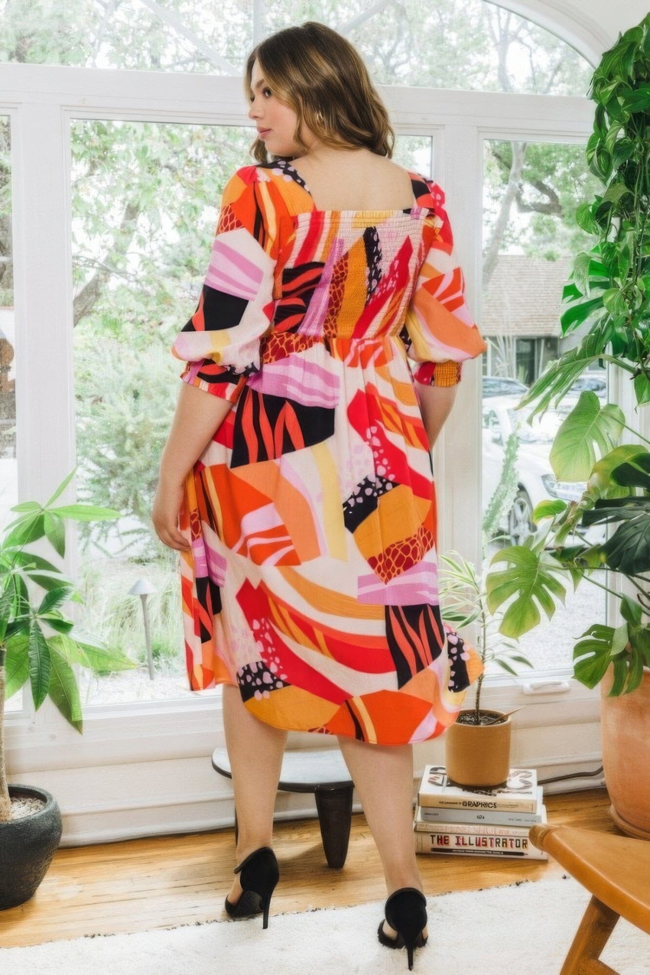 Plus Size Floral Print Square Neckline Midi Dress Dresses jehouze