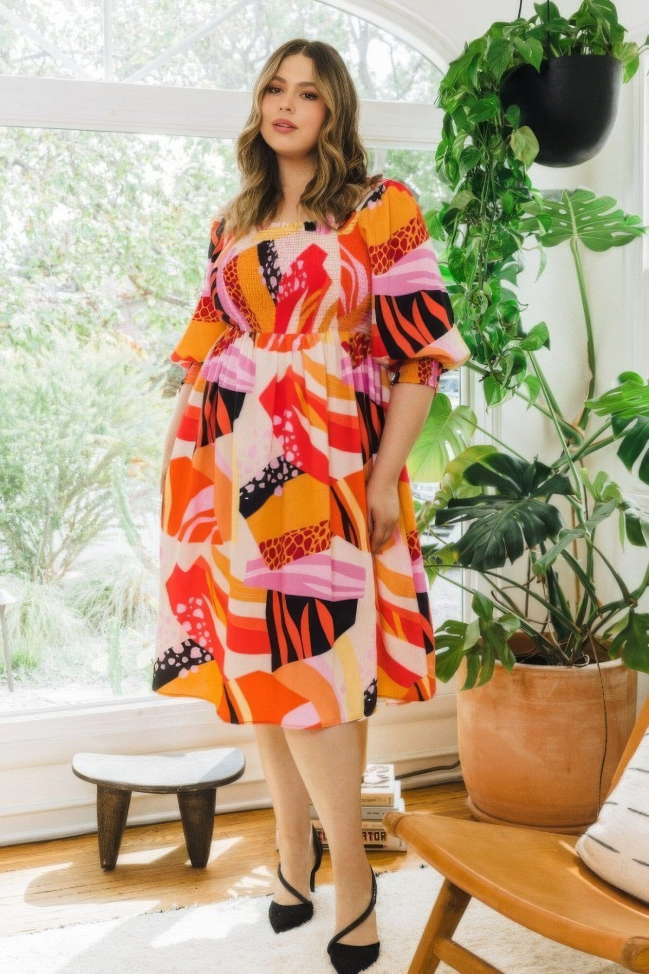Plus Size Floral Print Square Neckline Midi Dress Dresses jehouze
