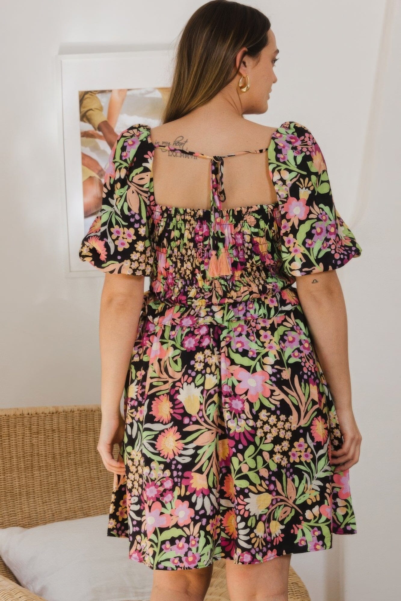 Plus Size Floral Printed Center Tie-back Mini Dress Dresses jehouze