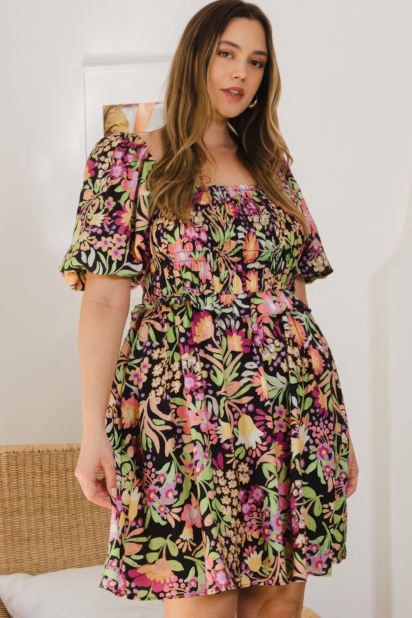 Plus Size Floral Printed Center Tie-back Mini Dress Dresses jehouze