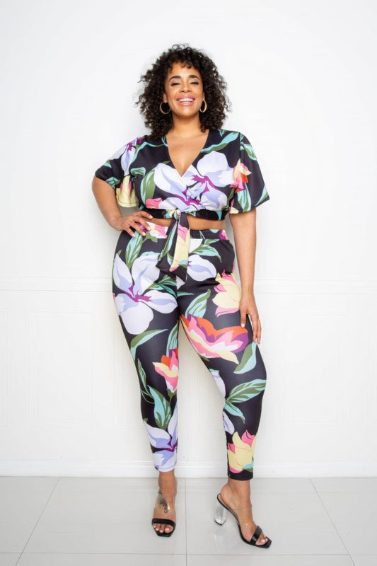 Plus Size Flower Jogger & Top Set Outfit Sets jehouze Multi/Black 1XL
