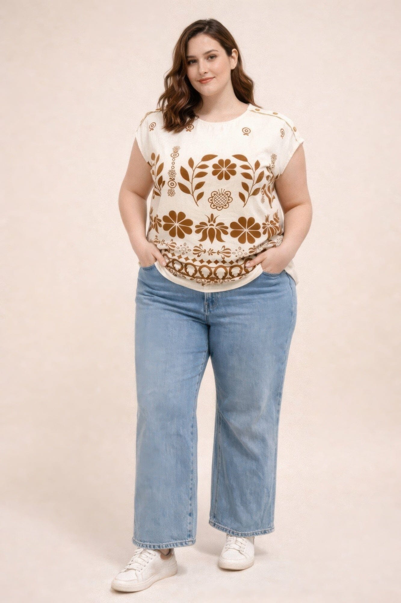 Plus Size Folk Floral Border Print Button-shoulder Top Shirts & Tops jehouze Beige XL