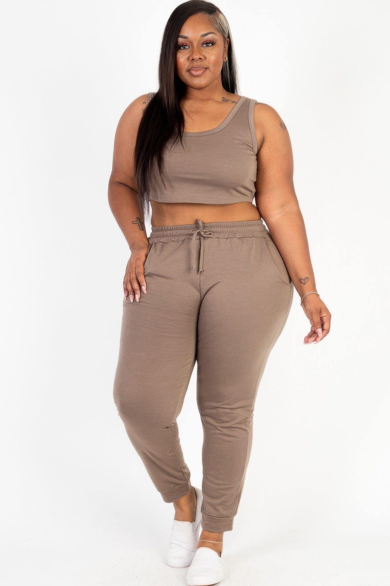 Plus Size French Terry Cropped Tank Top & Joggers Set Activewear jehouze