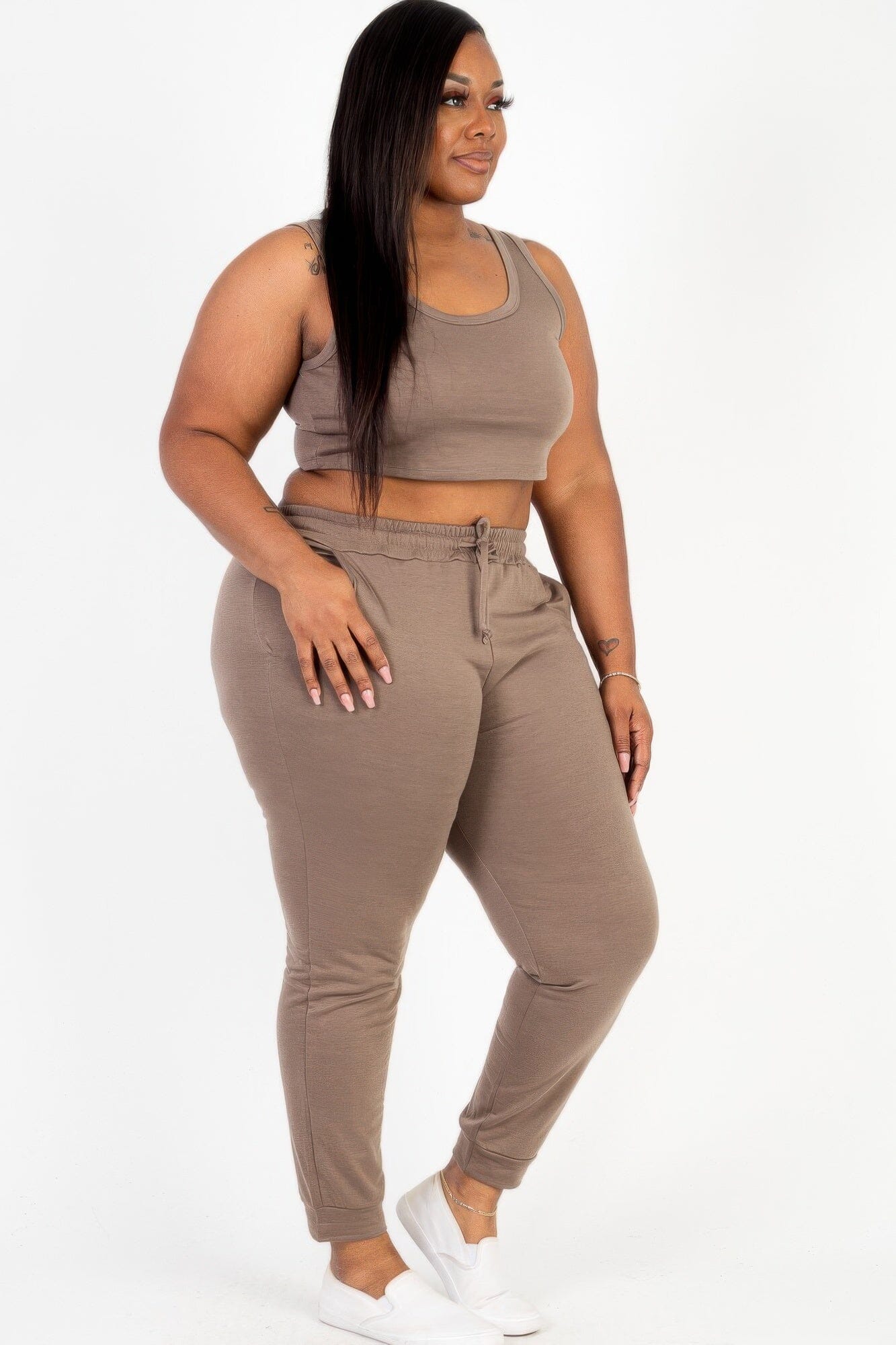 Plus Size French Terry Cropped Tank Top & Joggers Set Activewear jehouze