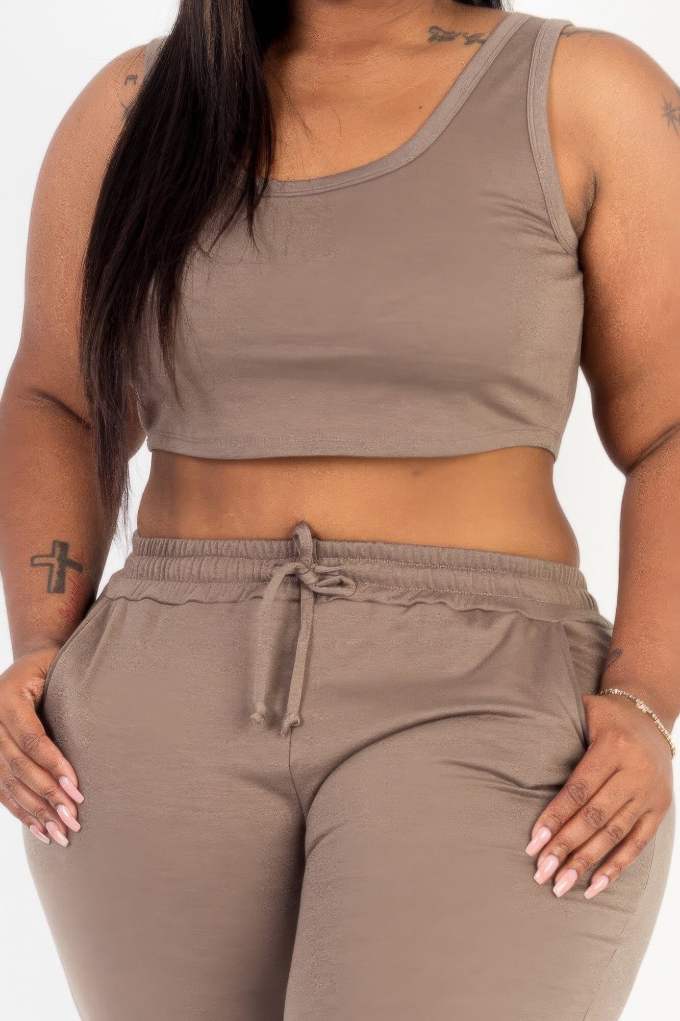 Plus Size French Terry Cropped Tank Top & Joggers Set Activewear jehouze