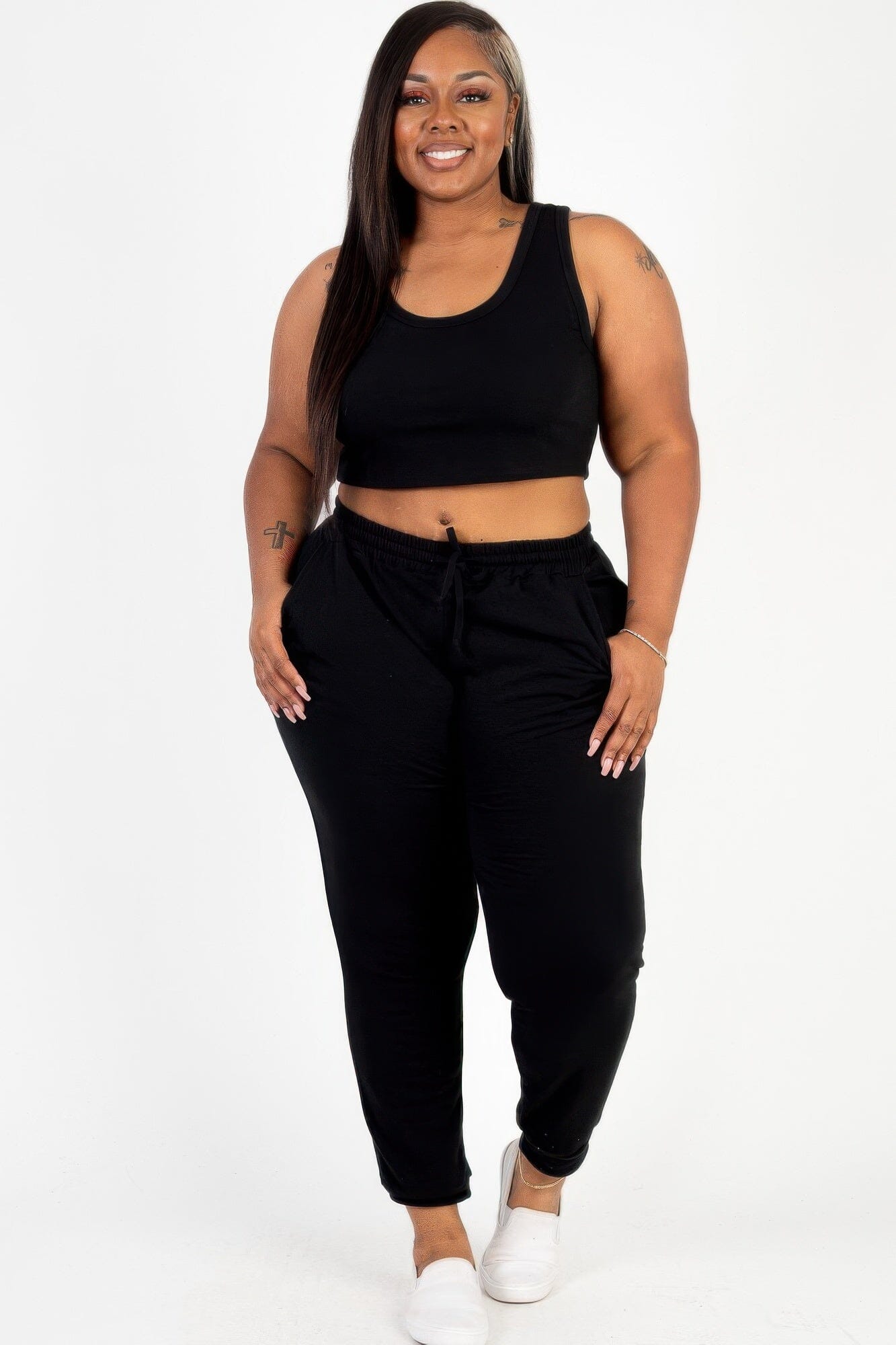 Plus Size French Terry Cropped Tank Top & Joggers Set Activewear jehouze Black 1XL