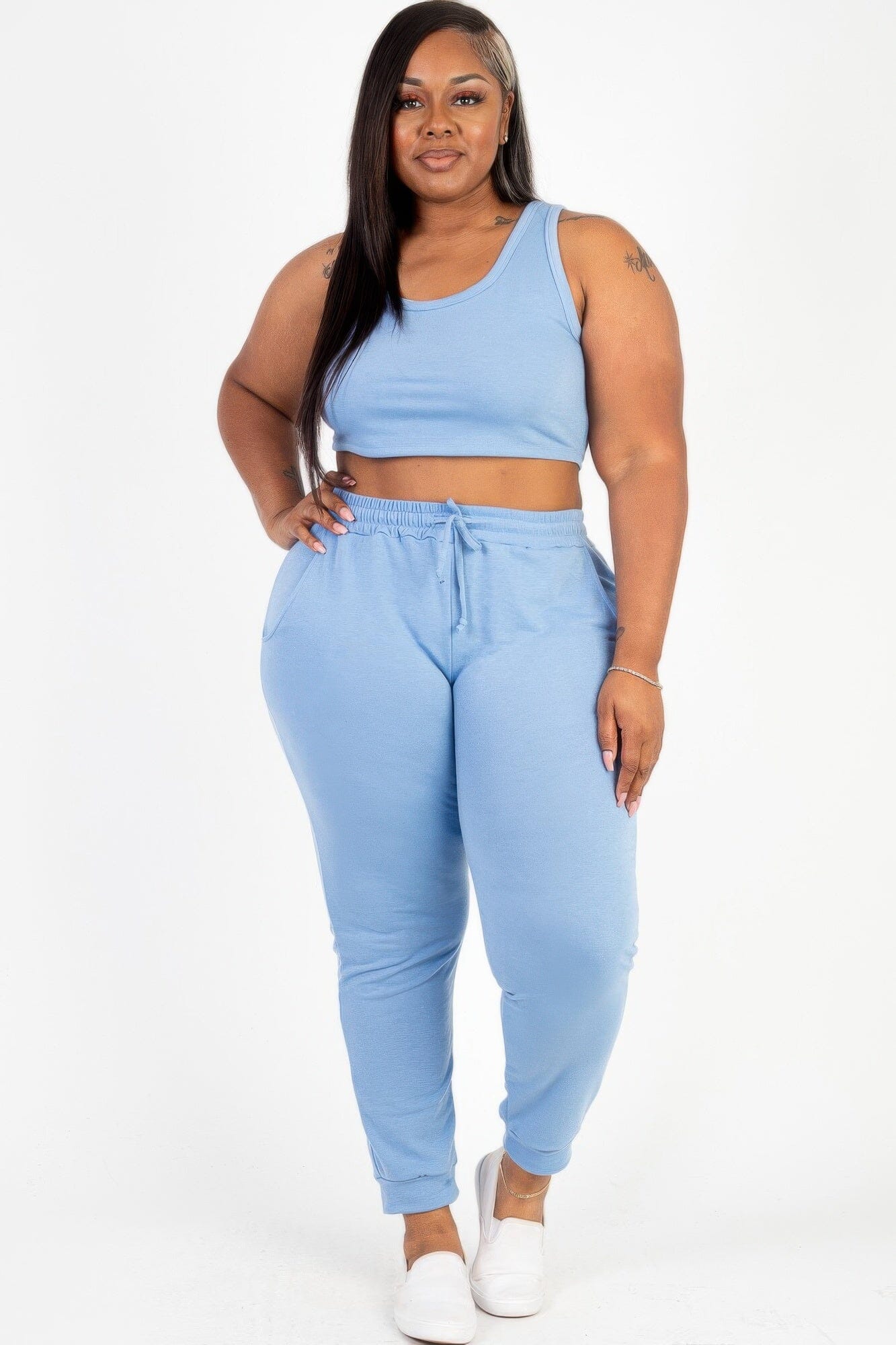 Plus Size French Terry Cropped Tank Top & Joggers Set Activewear jehouze Cloud 1XL