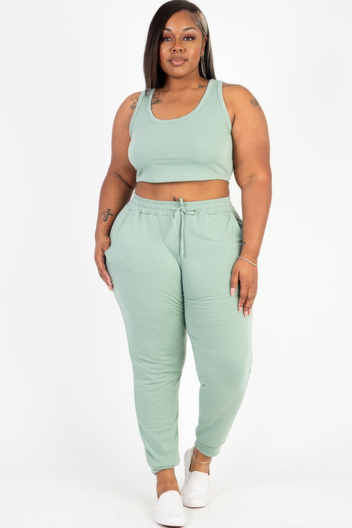Plus Size French Terry Cropped Tank Top & Joggers Set Activewear jehouze Green bay 1XL
