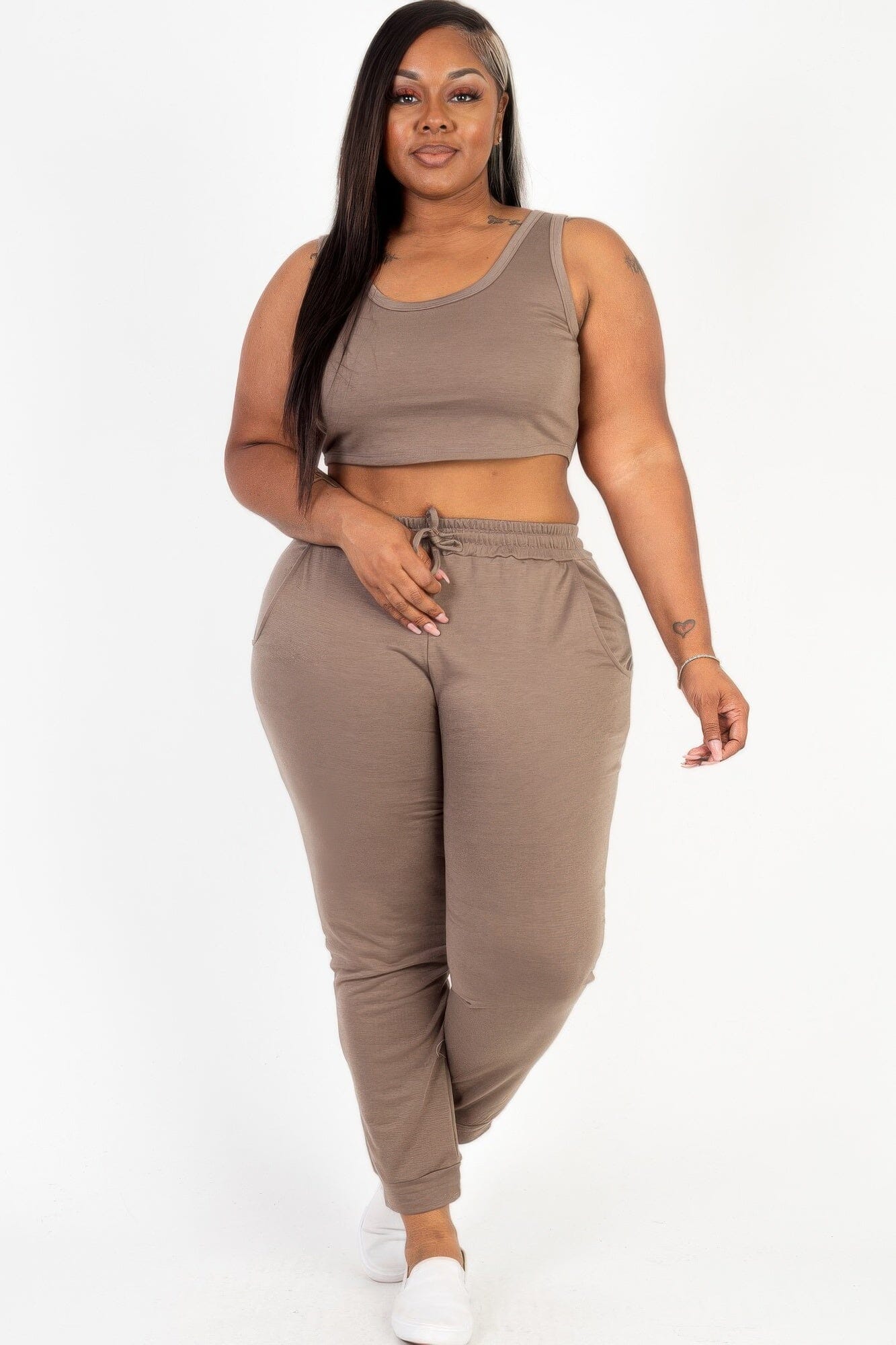 Plus Size French Terry Cropped Tank Top & Joggers Set Activewear jehouze Taupe 1XL