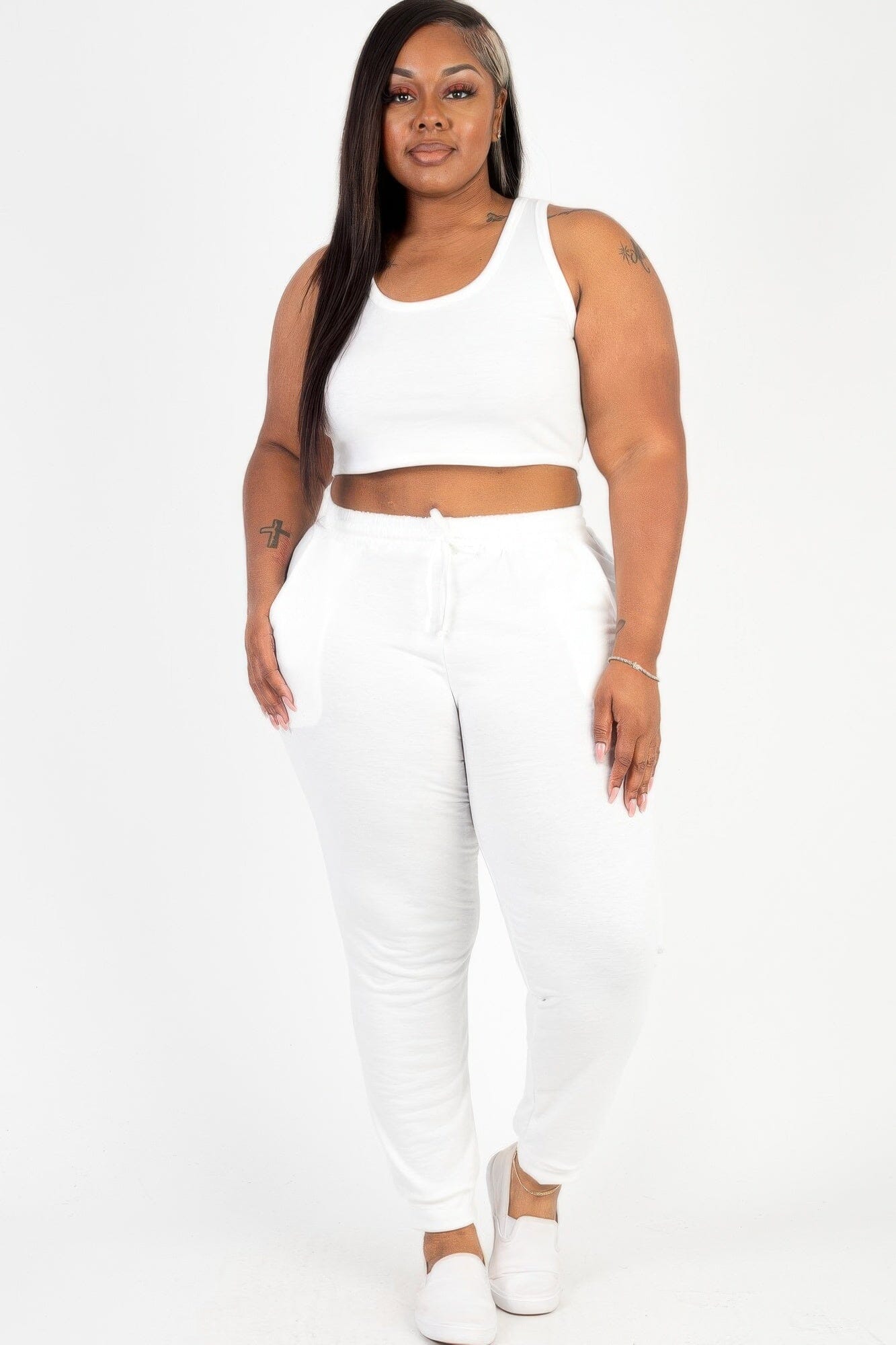 Plus Size French Terry Cropped Tank Top & Joggers Set Activewear jehouze White 1XL