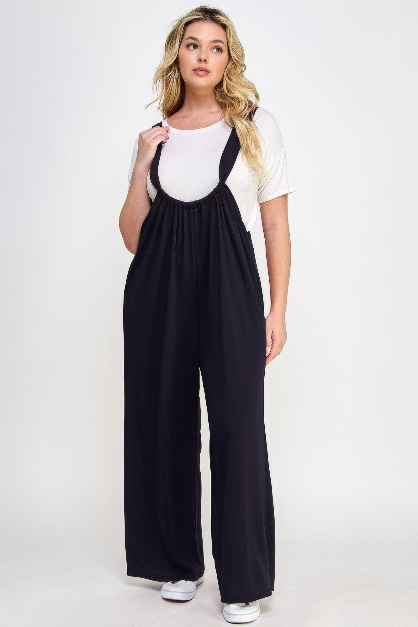 Plus Size French Terry Wide Leg Jumpsuit Overalls Jumpsuits & Rompers jehouze Black 1XL