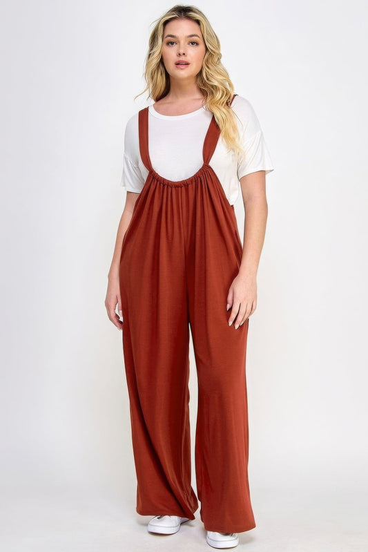 Plus Size French Terry Wide Leg Jumpsuit Overalls Jumpsuits & Rompers jehouze Brick 1XL