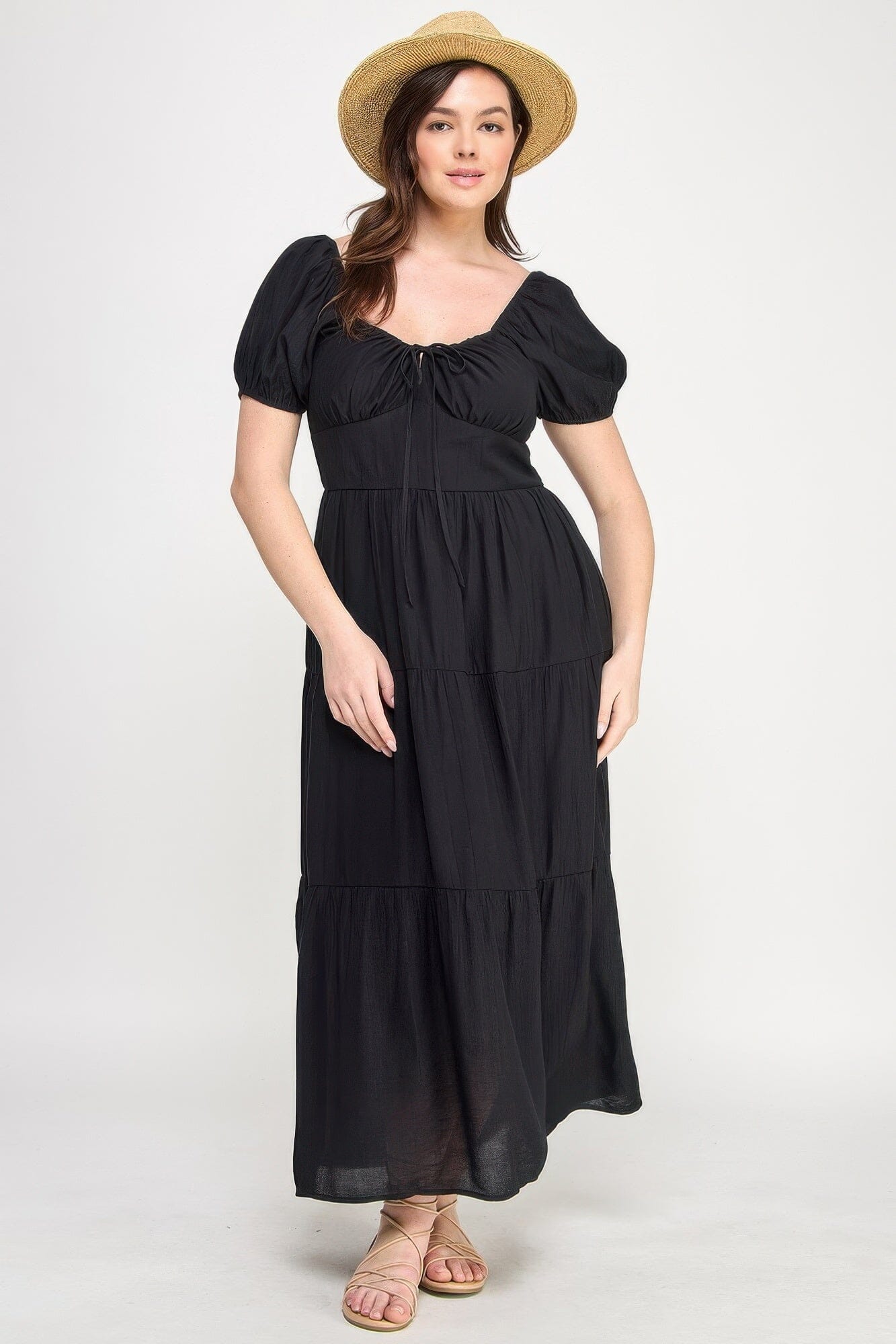Plus Size Front Tie Puff Sleeve Tired Maxi Dress Dresses jehouze