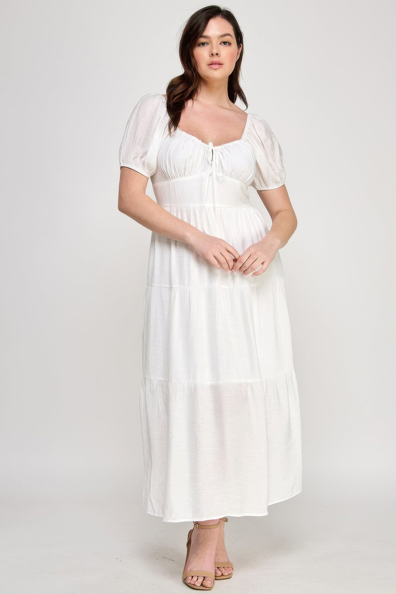 Plus Size Front Tie Puff Sleeve Tired Maxi Dress Dresses jehouze
