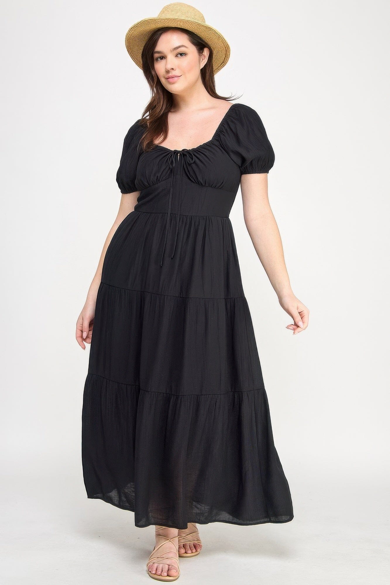 Plus Size Front Tie Puff Sleeve Tired Maxi Dress Dresses jehouze
