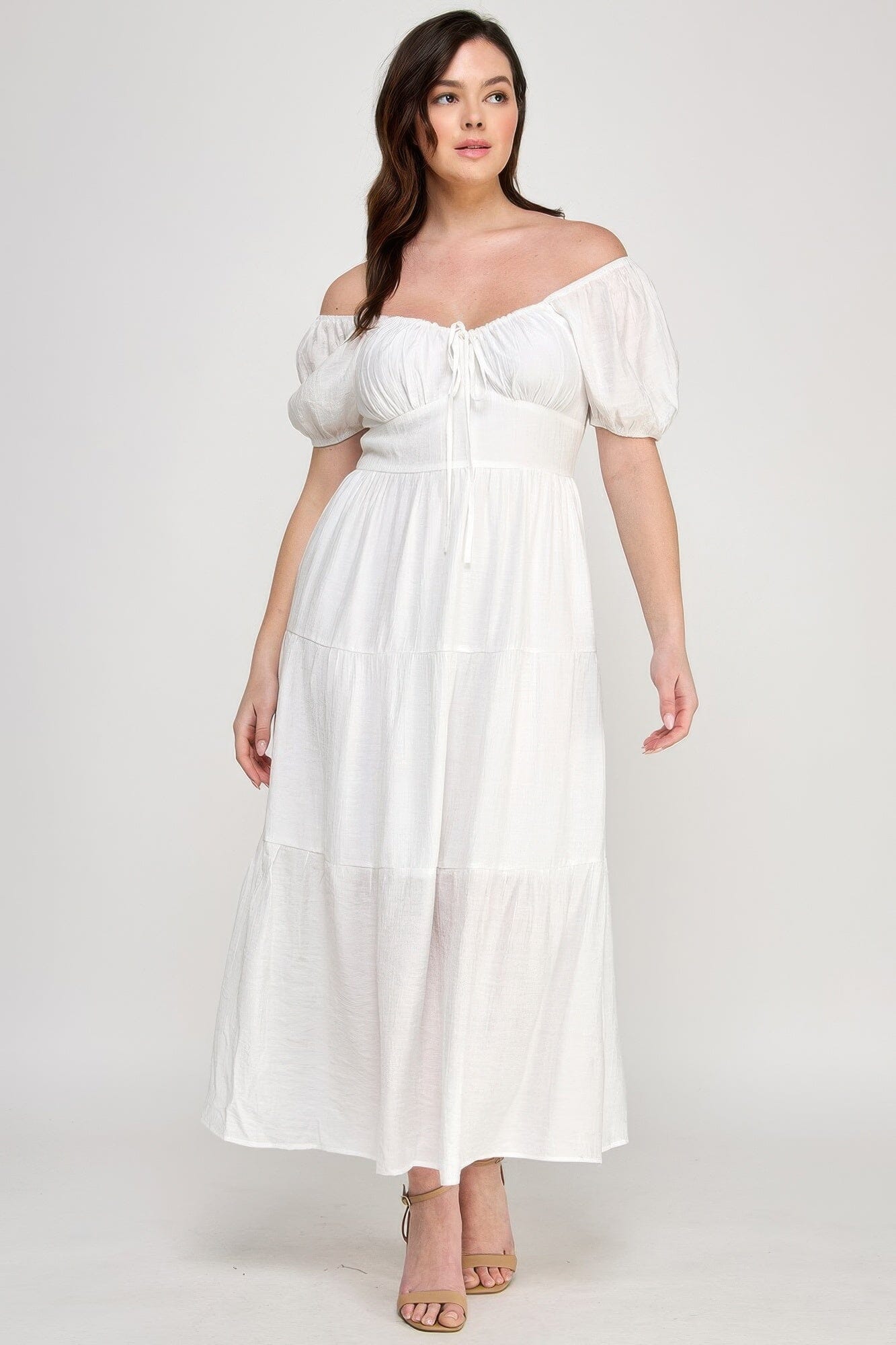 Plus Size Front Tie Puff Sleeve Tired Maxi Dress Dresses jehouze