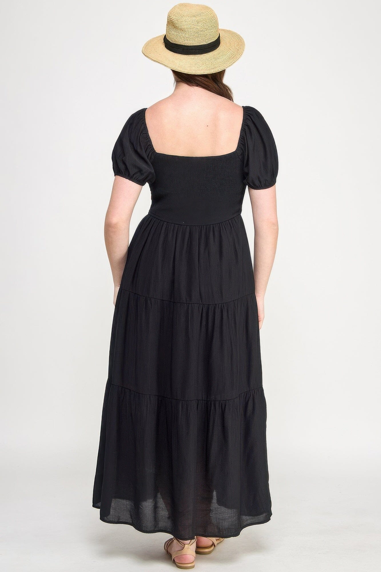 Plus Size Front Tie Puff Sleeve Tired Maxi Dress Dresses jehouze