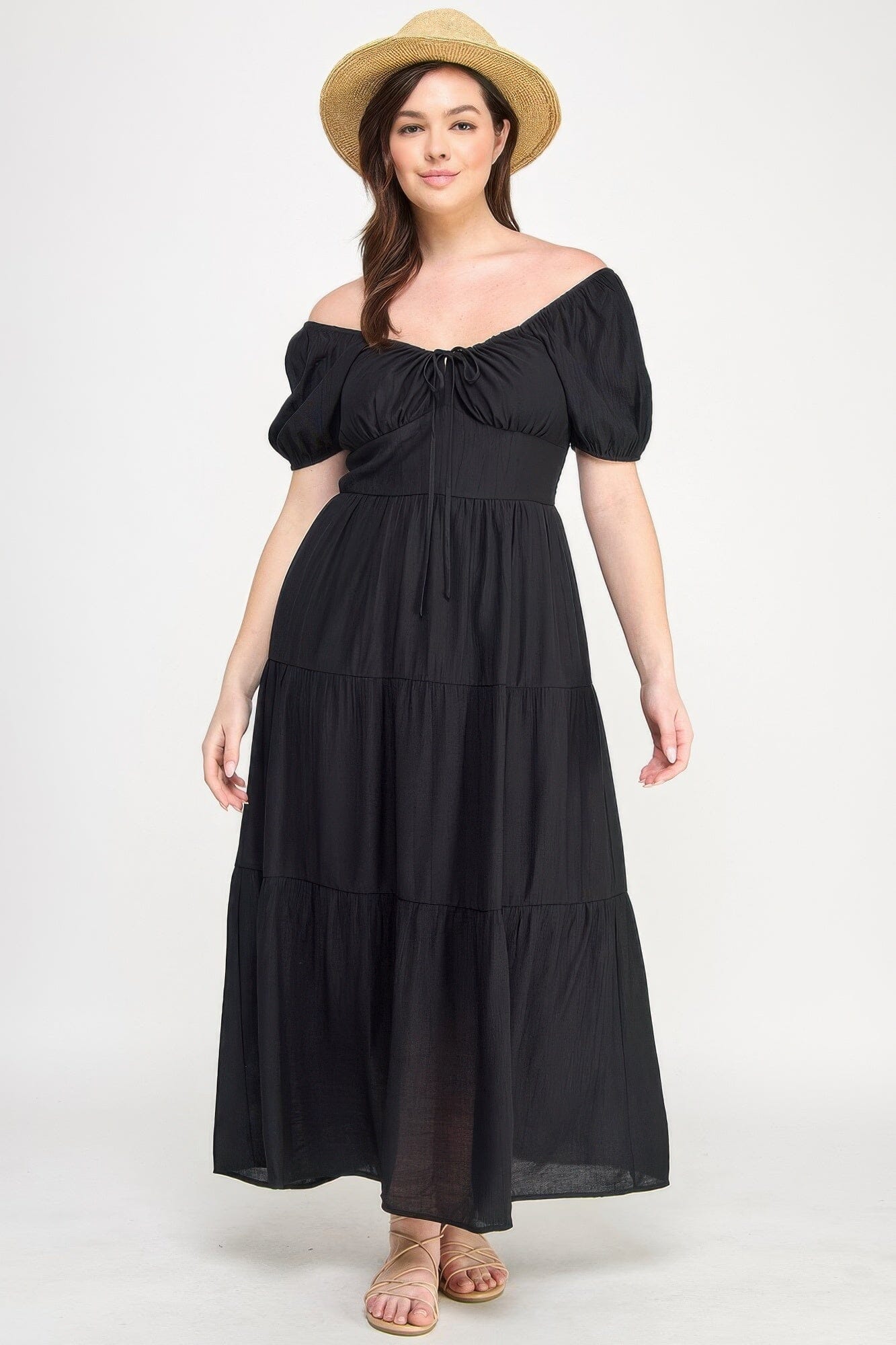 Plus Size Front Tie Puff Sleeve Tired Maxi Dress Dresses jehouze