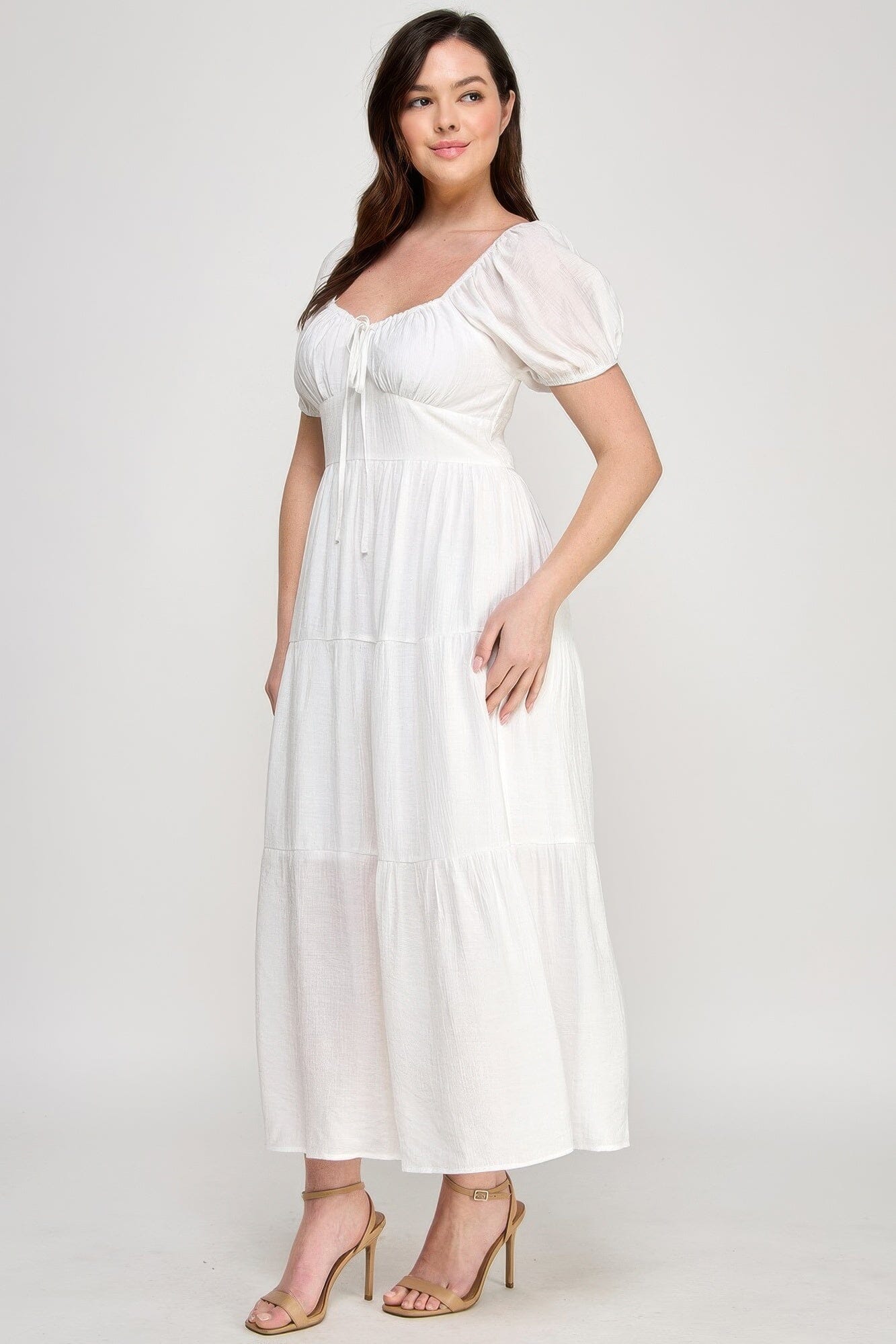 Plus Size Front Tie Puff Sleeve Tired Maxi Dress Dresses jehouze