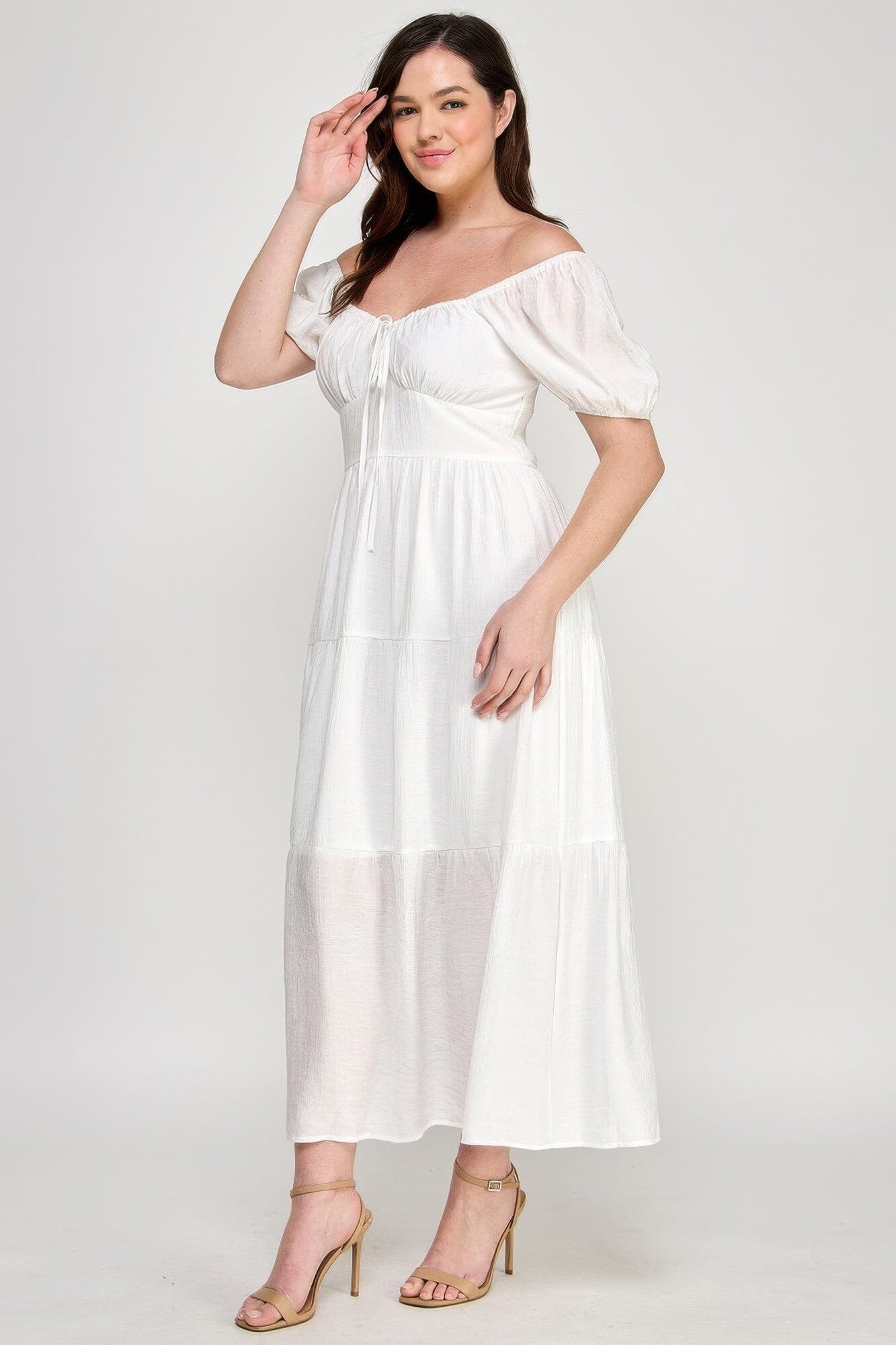 Plus Size Front Tie Puff Sleeve Tired Maxi Dress Dresses jehouze