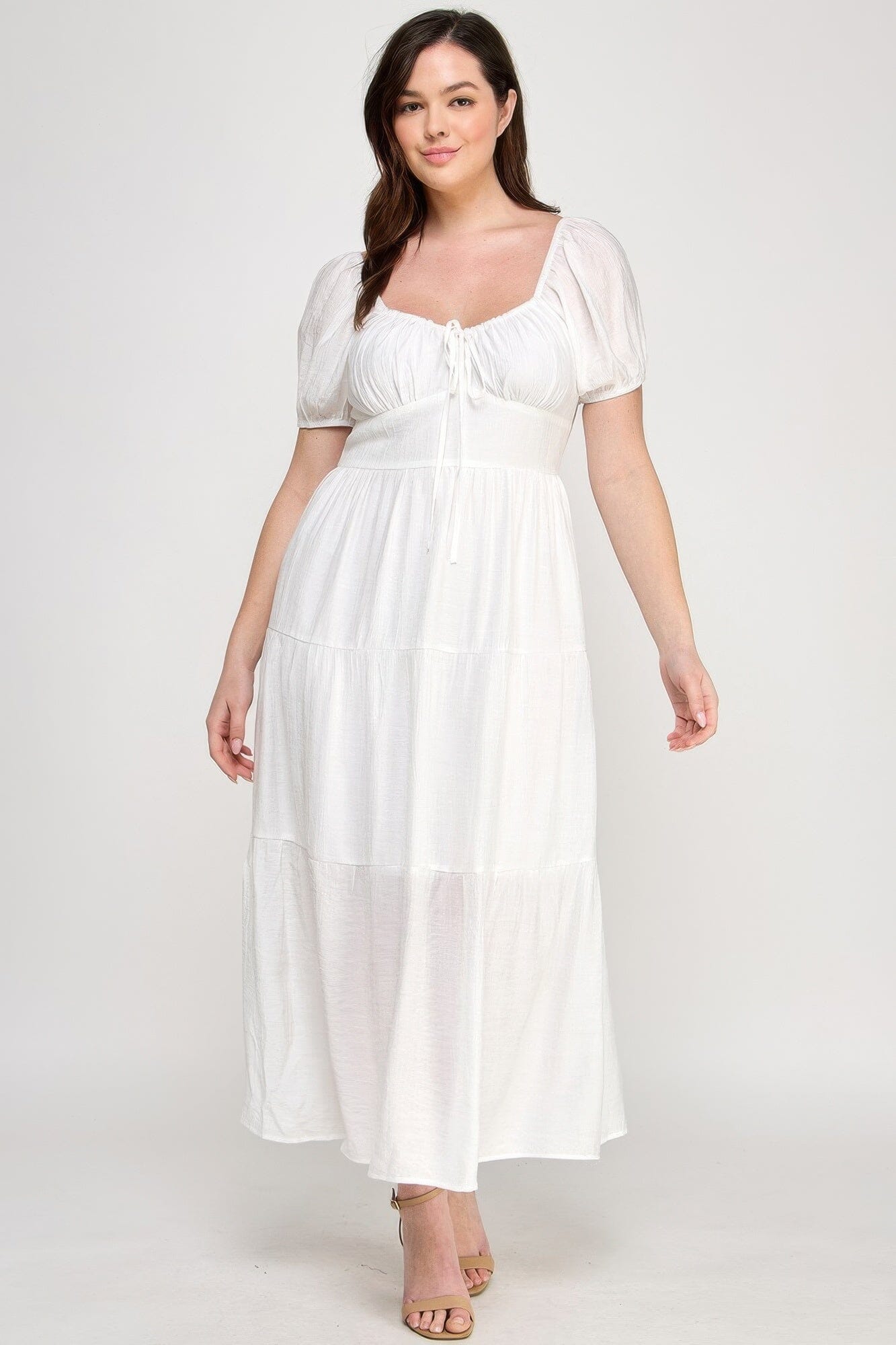 Plus Size Front Tie Puff Sleeve Tired Maxi Dress Dresses jehouze