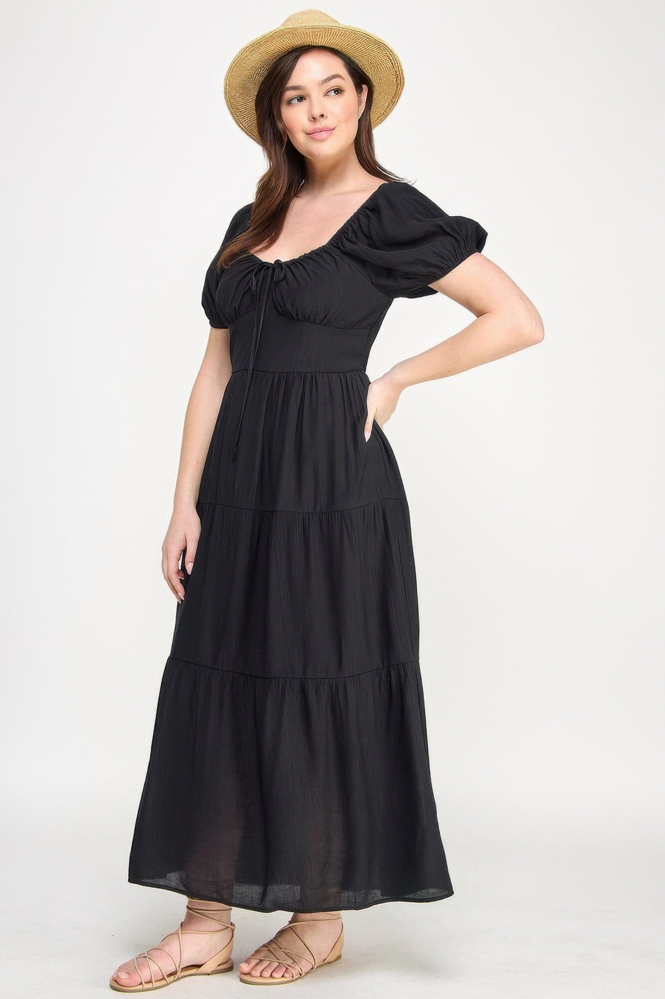 Plus Size Front Tie Puff Sleeve Tired Maxi Dress Dresses jehouze