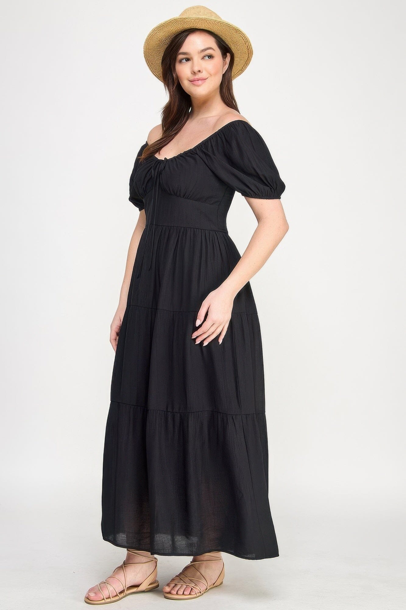 Plus Size Front Tie Puff Sleeve Tired Maxi Dress Dresses jehouze Black 1XL