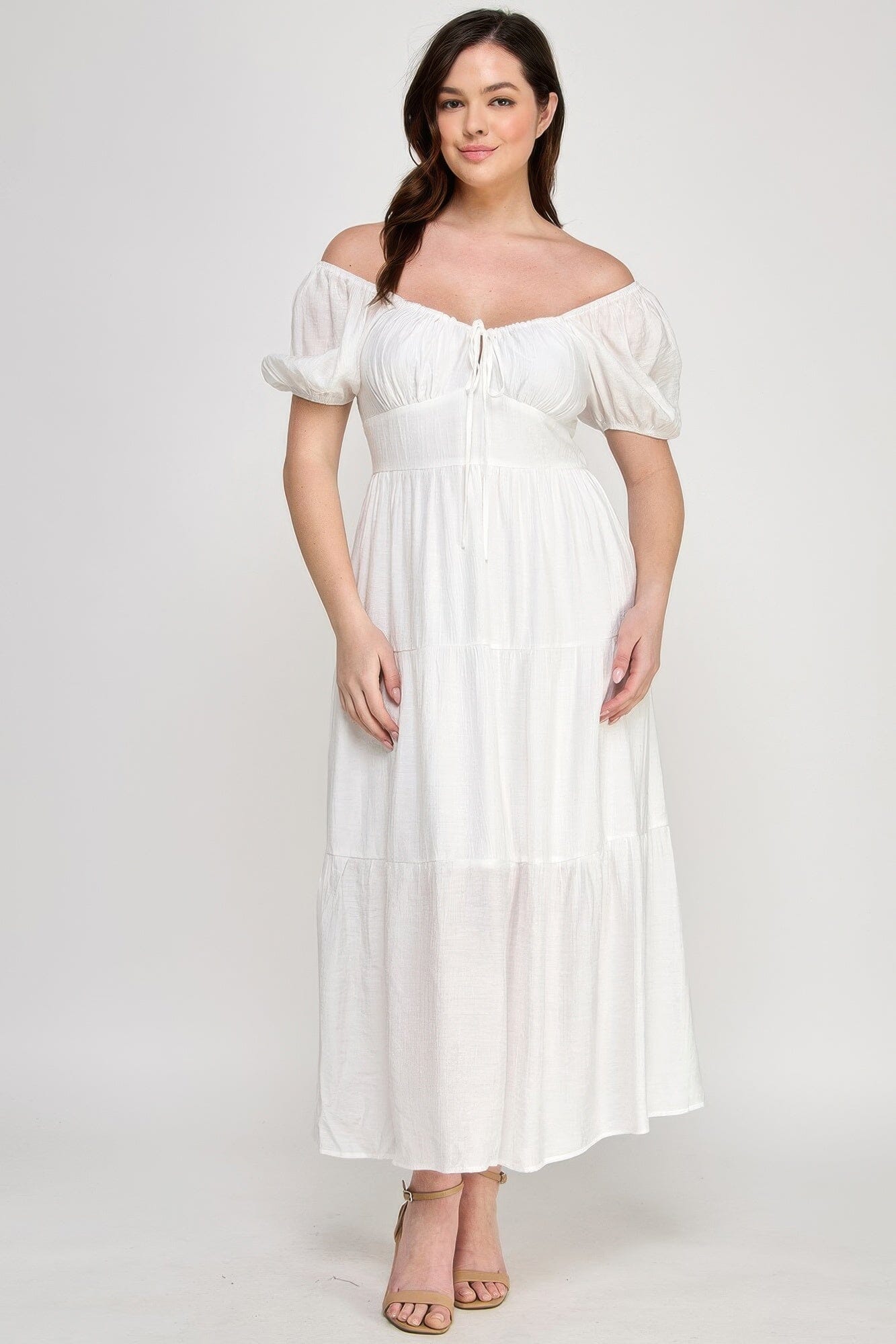 Plus Size Front Tie Puff Sleeve Tired Maxi Dress Dresses jehouze White 1XL