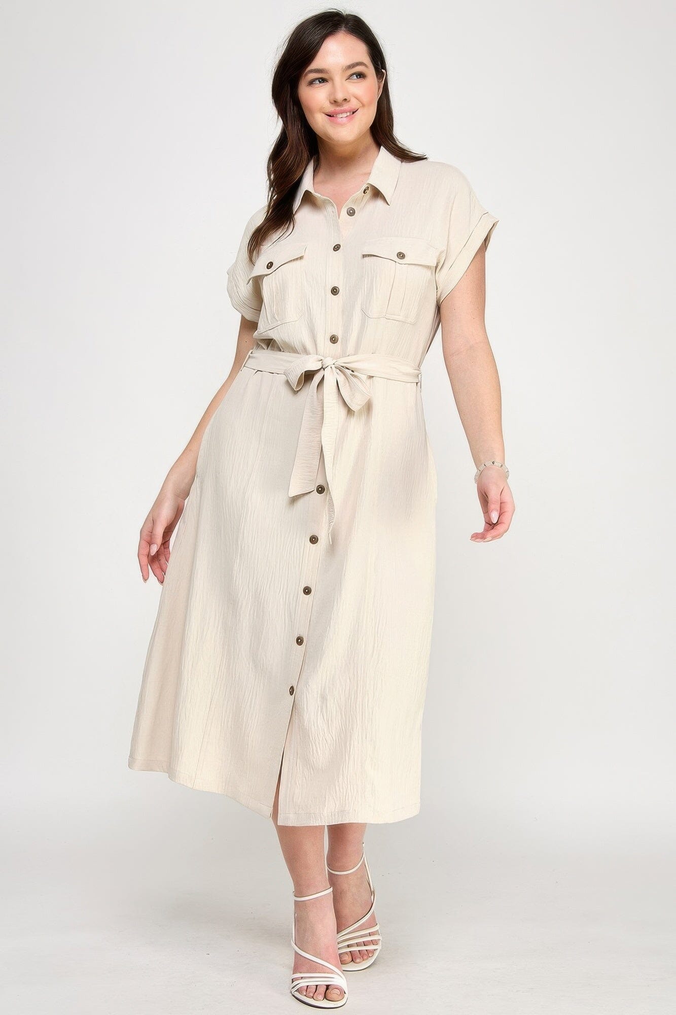 Plus Size Front Tied Buttoned Short Sleeve Midi Dress Dresses jehouze