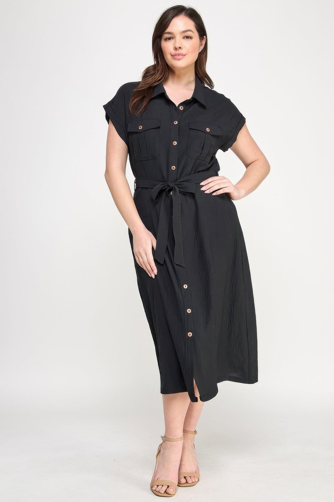 Plus Size Front Tied Buttoned Short Sleeve Midi Dress Dresses jehouze