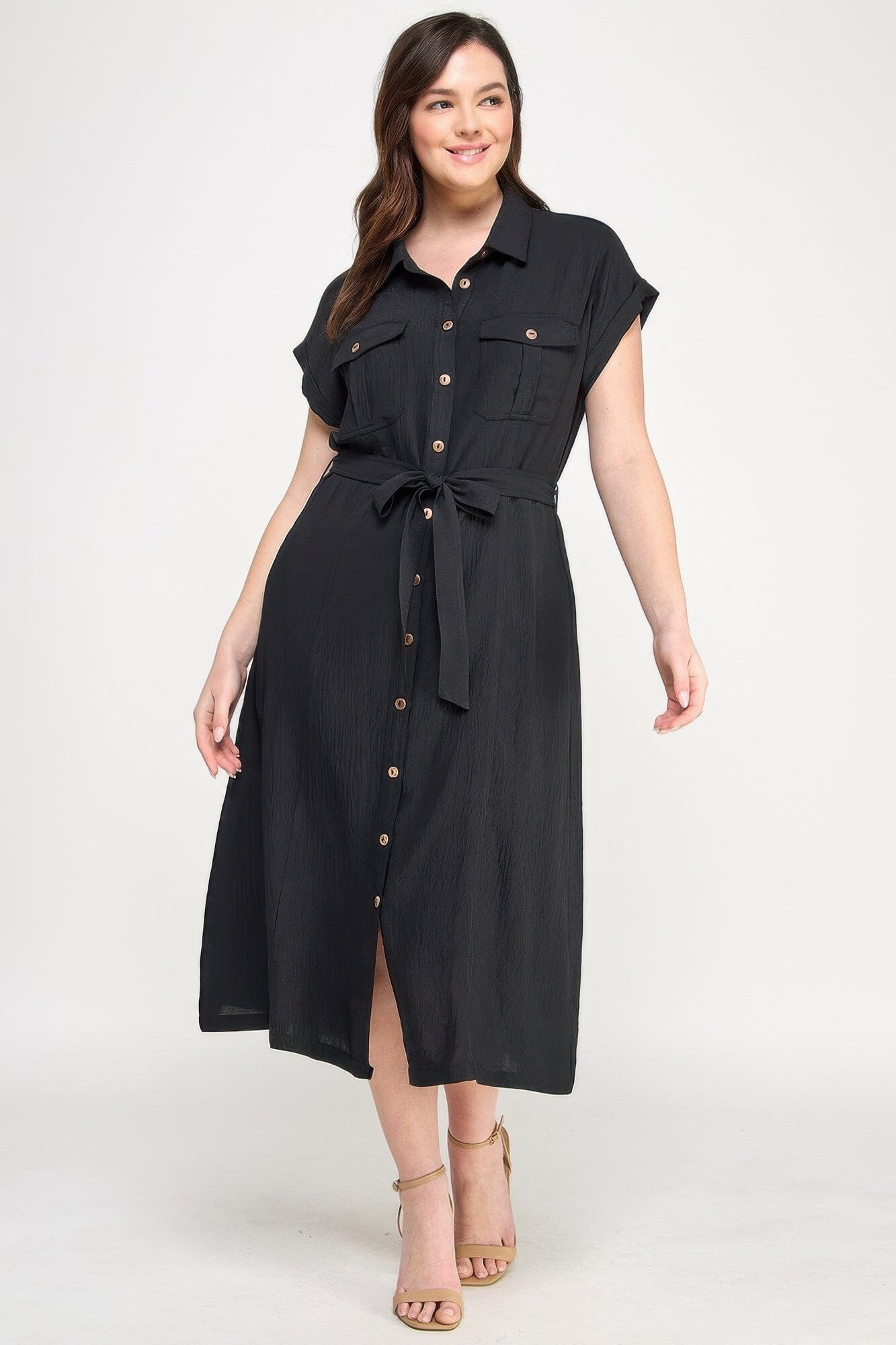 Plus Size Front Tied Buttoned Short Sleeve Midi Dress Dresses jehouze