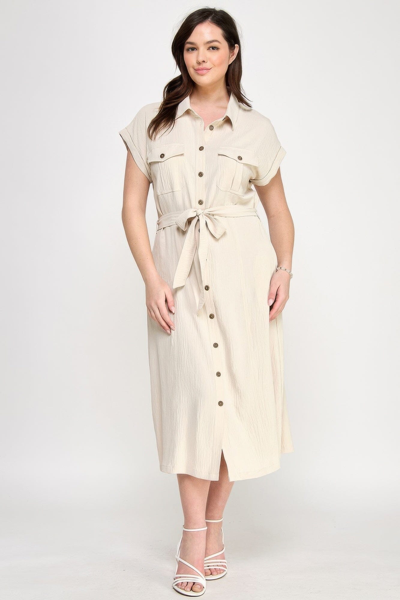 Plus Size Front Tied Buttoned Short Sleeve Midi Dress Dresses jehouze