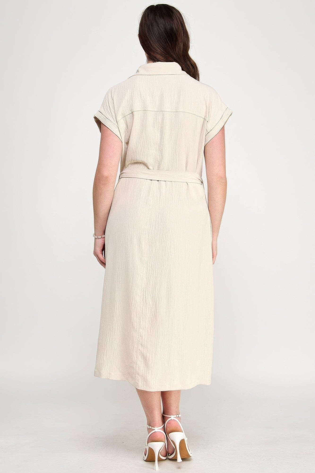 Plus Size Front Tied Buttoned Short Sleeve Midi Dress Dresses jehouze