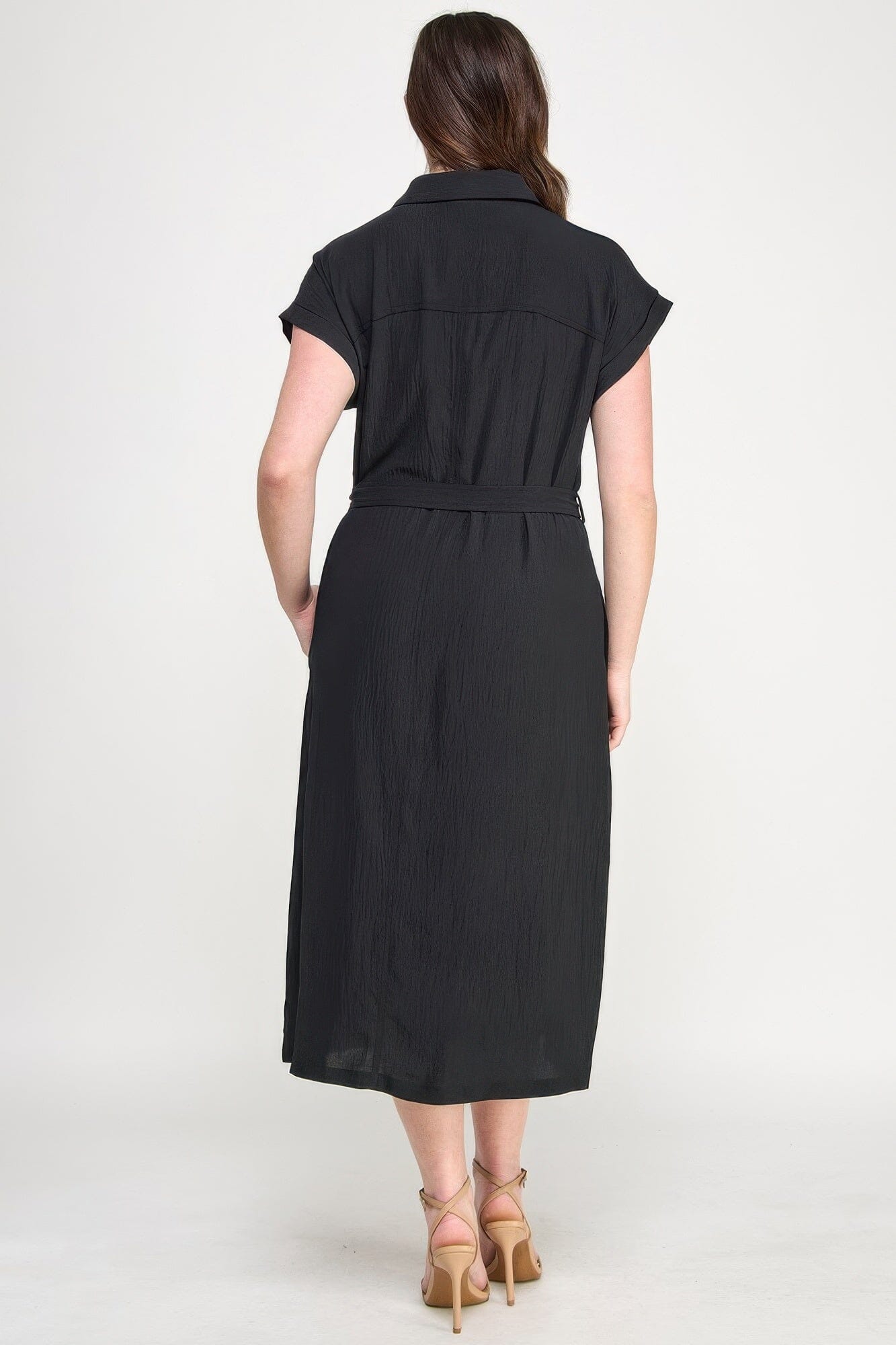 Plus Size Front Tied Buttoned Short Sleeve Midi Dress Dresses jehouze
