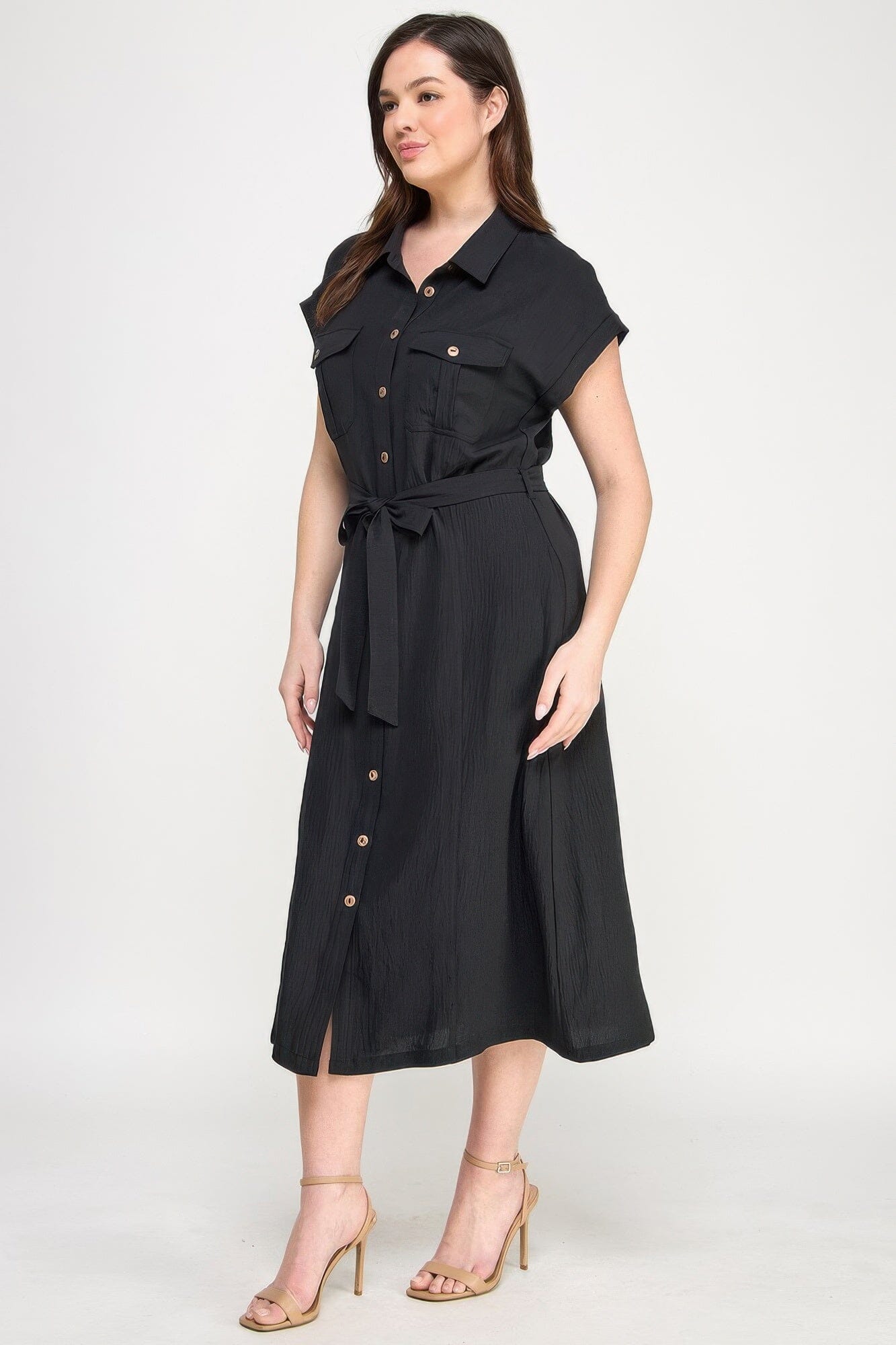 Plus Size Front Tied Buttoned Short Sleeve Midi Dress Dresses jehouze