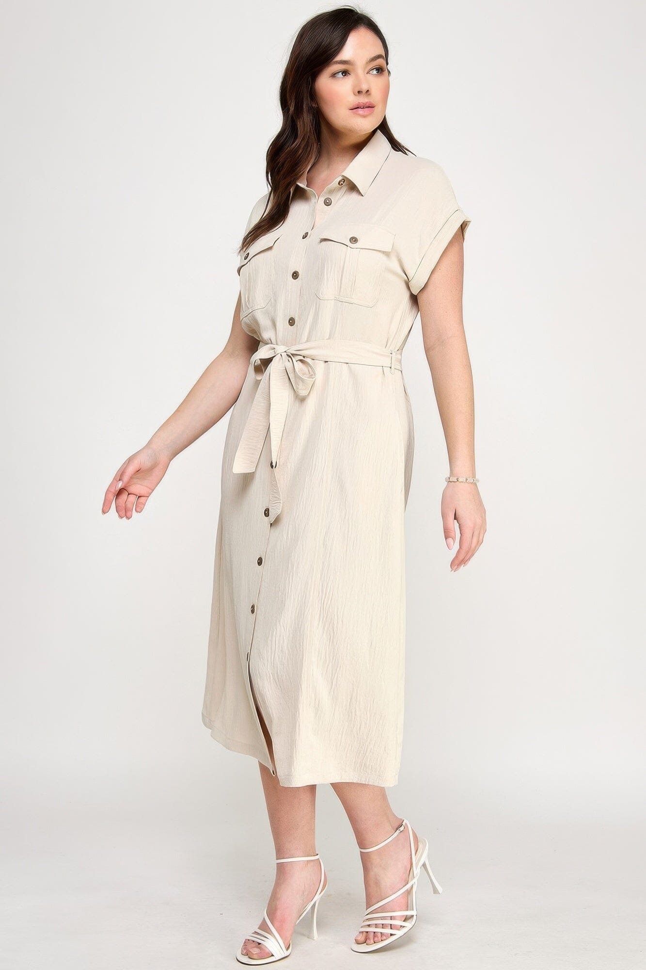 Plus Size Front Tied Buttoned Short Sleeve Midi Dress Dresses jehouze
