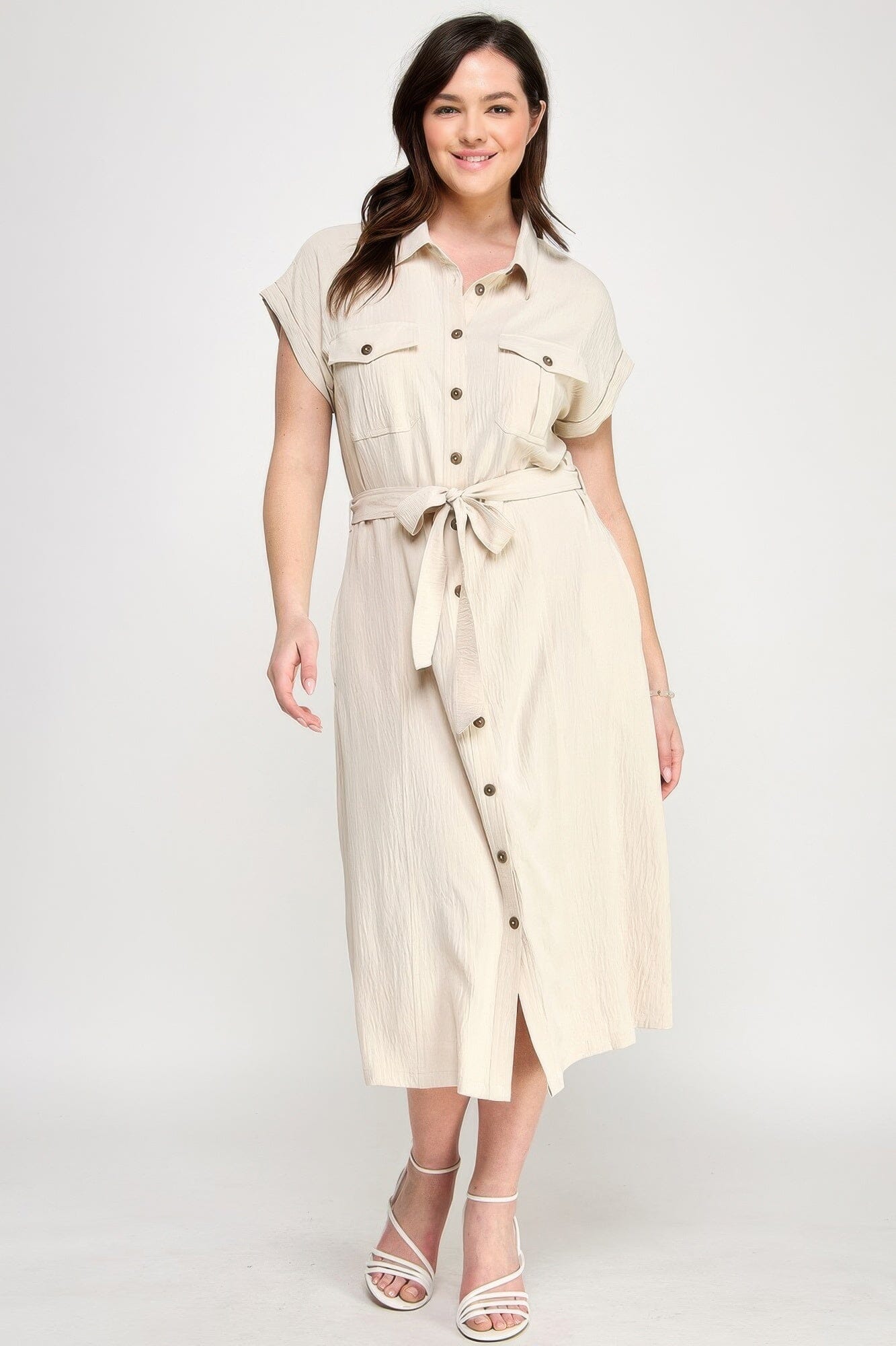 Plus Size Front Tied Buttoned Short Sleeve Midi Dress Dresses jehouze