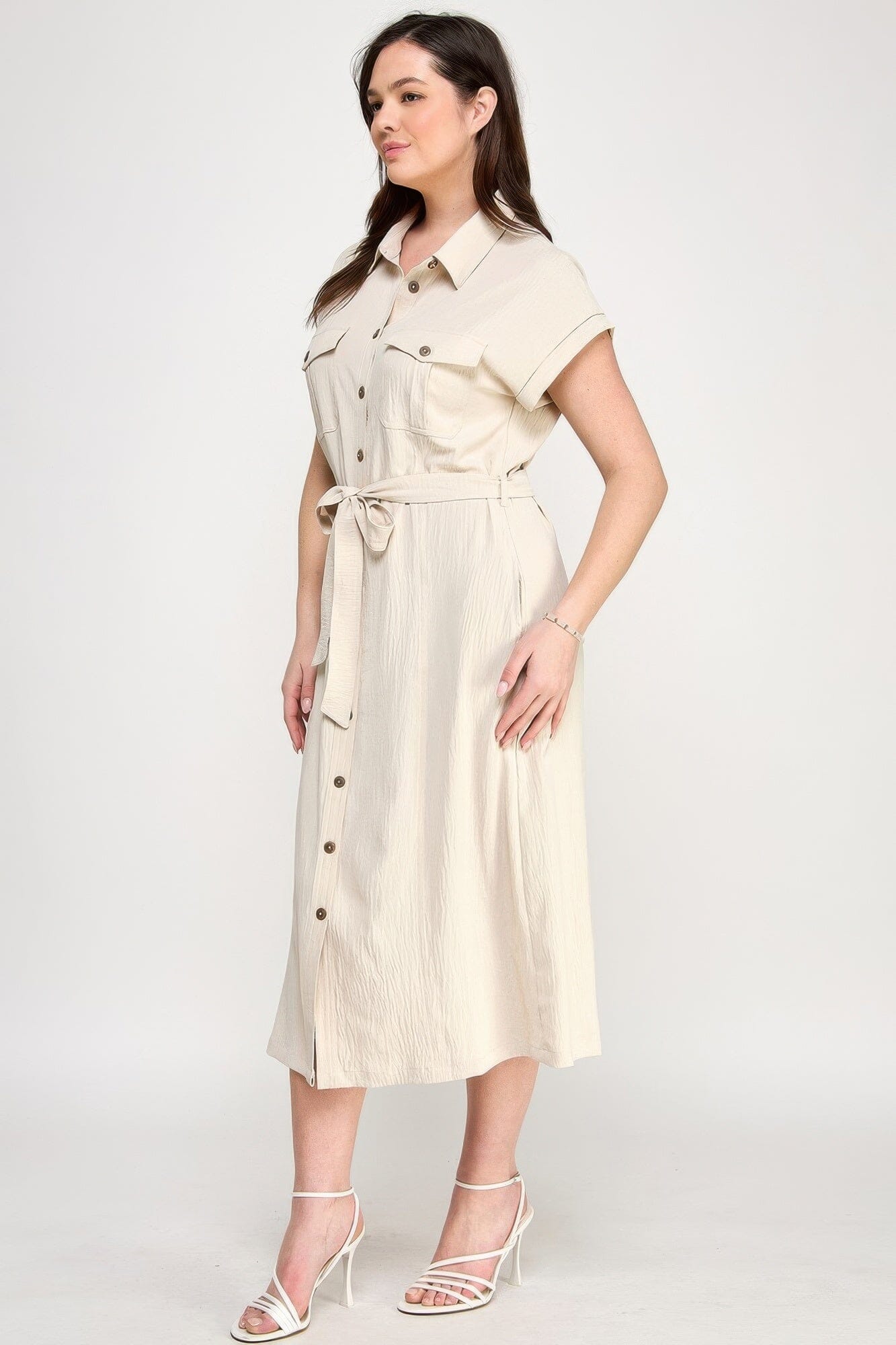 Plus Size Front Tied Buttoned Short Sleeve Midi Dress Dresses jehouze