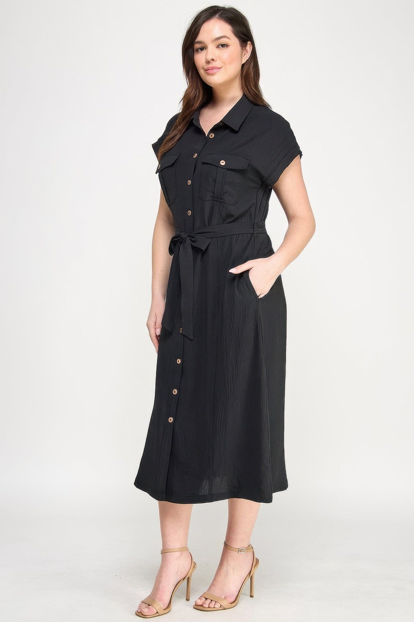 Plus Size Front Tied Buttoned Short Sleeve Midi Dress Dresses jehouze
