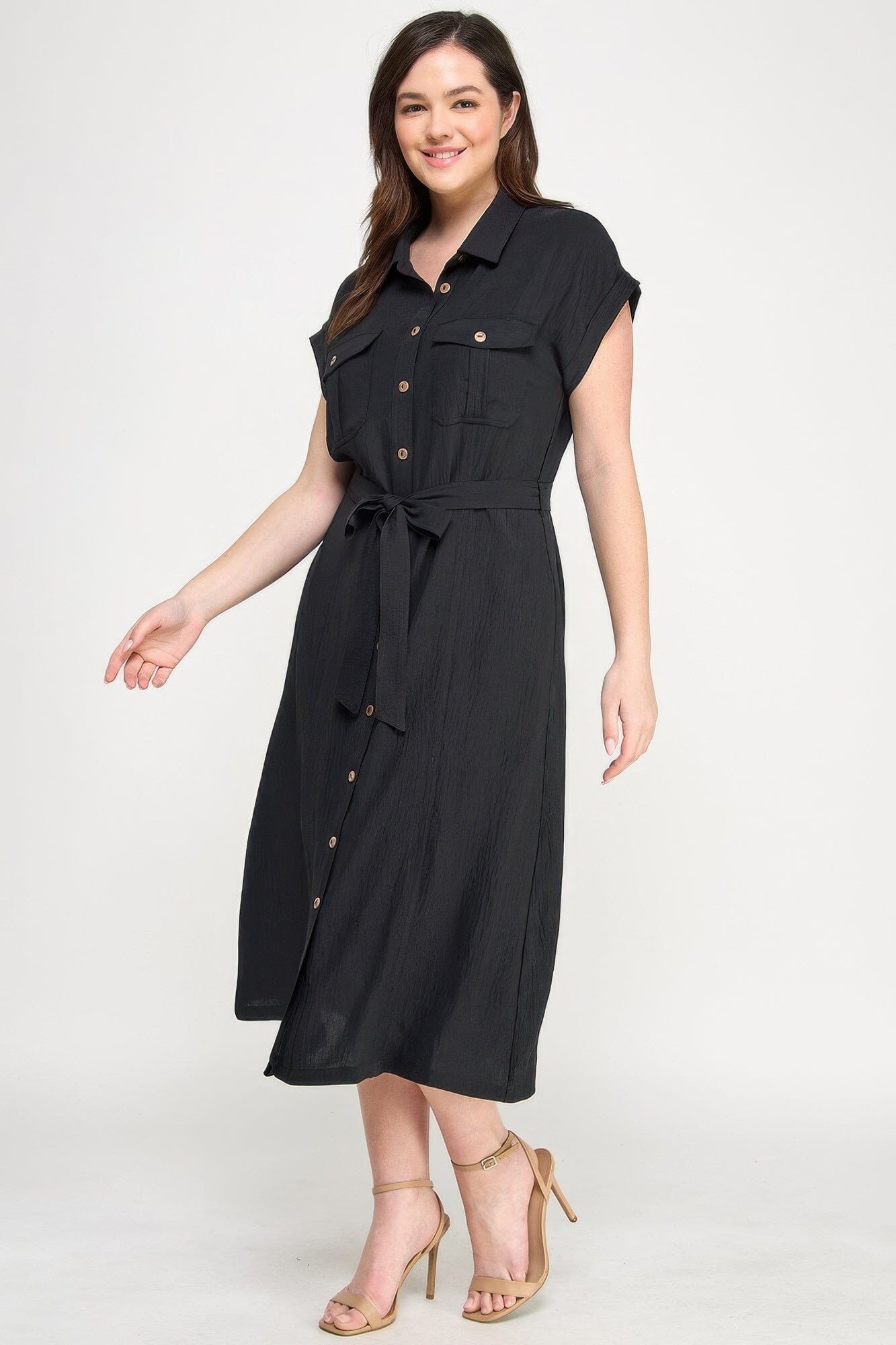 Plus Size Front Tied Buttoned Short Sleeve Midi Dress Dresses jehouze