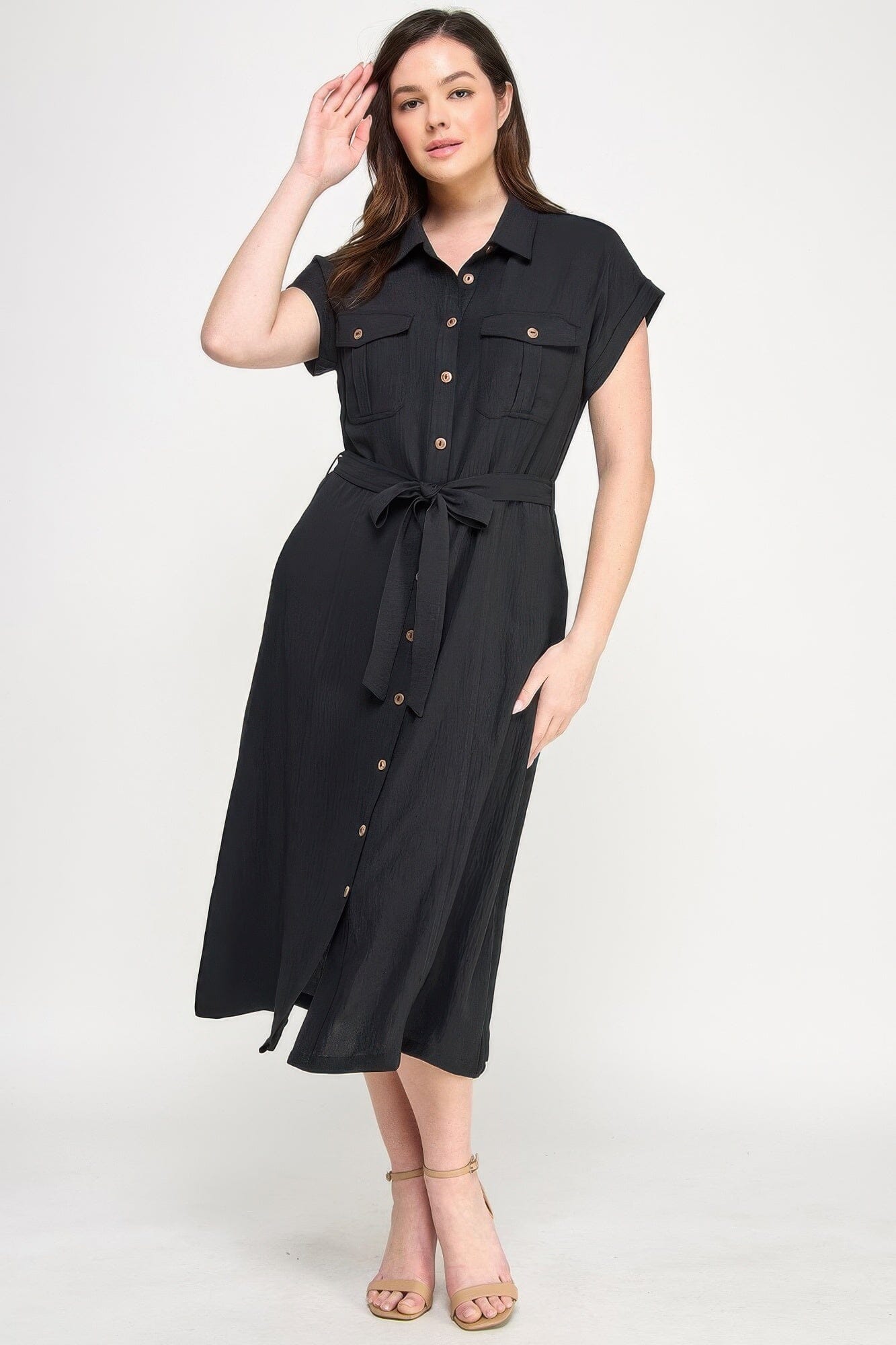 Plus Size Front Tied Buttoned Short Sleeve Midi Dress Dresses jehouze