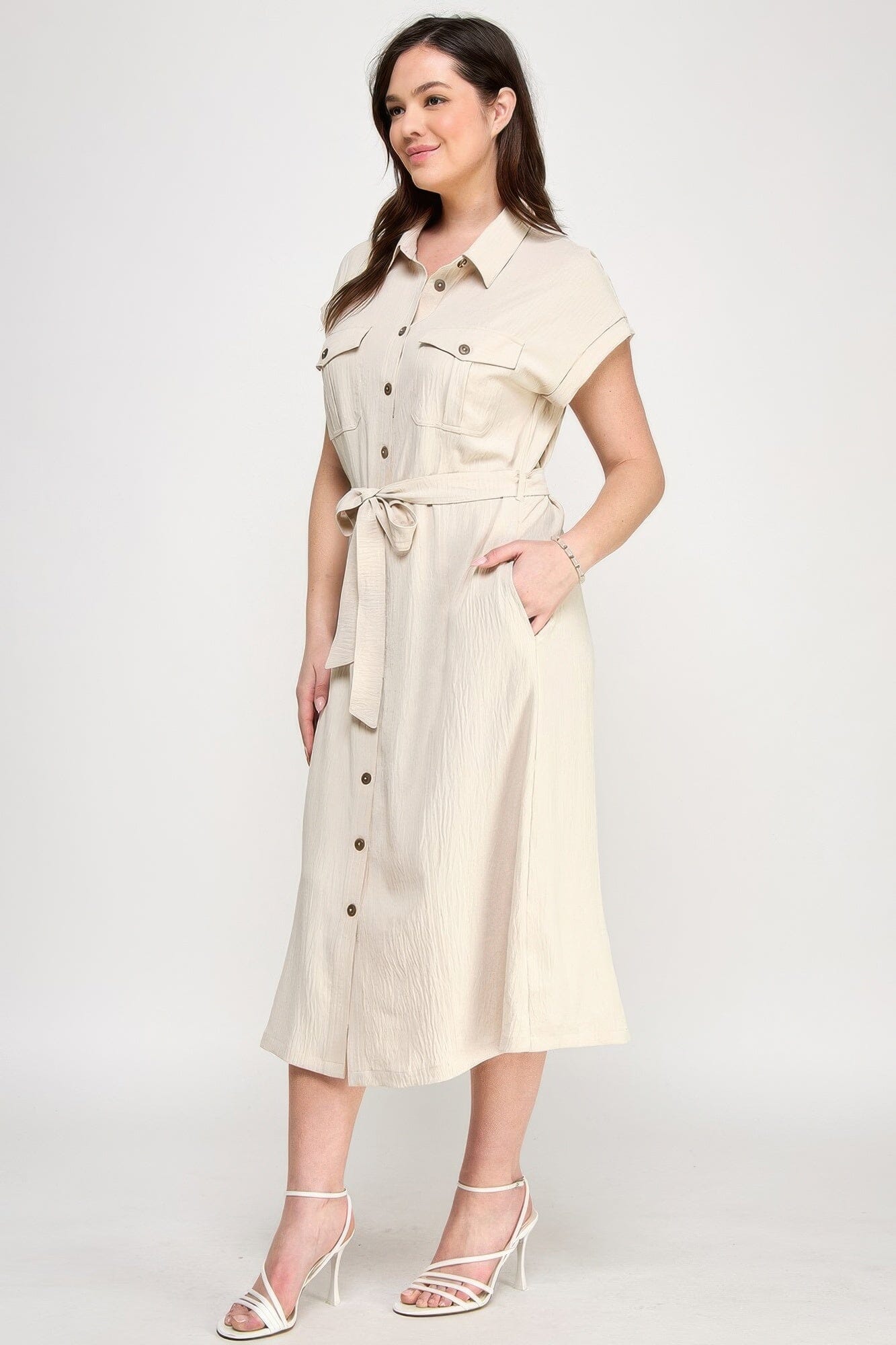 Plus Size Front Tied Buttoned Short Sleeve Midi Dress Dresses jehouze Beige 1XL